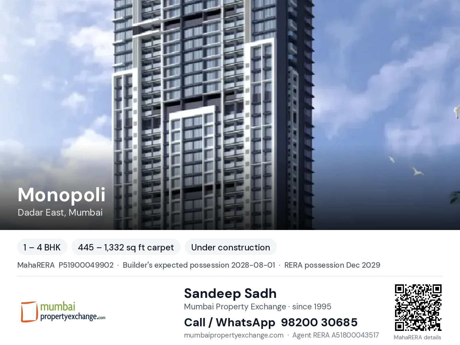 Monopoli by Nandivardhan, Dadar East, Mumbai — 1 – 4 BHK new project, builder's expected possession 2028-08-01, RERA possession Dec 2029 | Mumbai Property Exchange, Sandeep Sadh 98200 30685