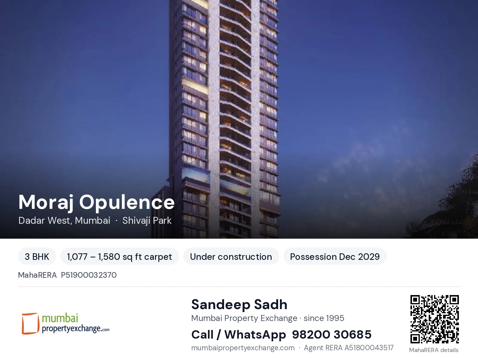 Moraj Opulence, Dadar West, Mumbai — 3 BHK new project, possession Dec 2029 | Mumbai Property Exchange, Sandeep Sadh 98200 30685