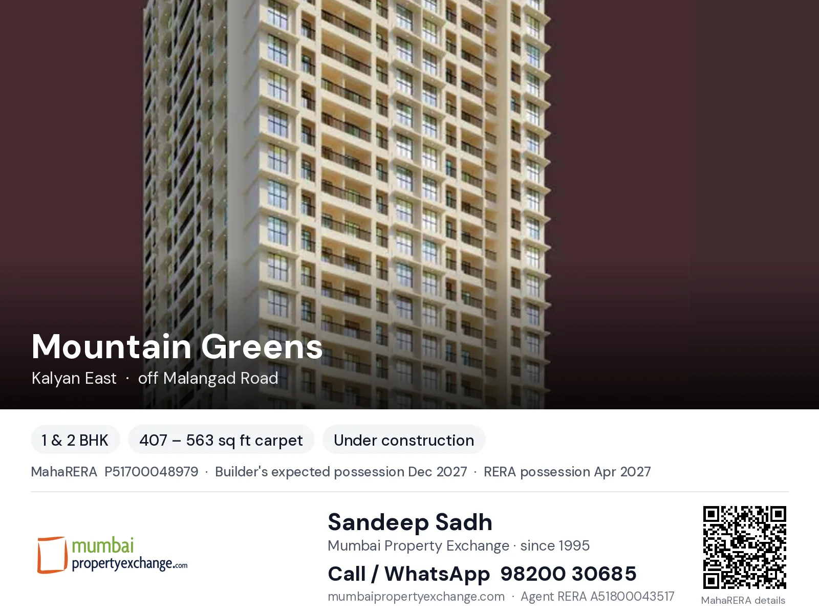 Mountain Greens, Kalyan East — 1 & 2 BHK new project, builder's expected possession Dec 2027, RERA possession Apr 2027 | Mumbai Property Exchange, Sandeep Sadh 98200 30685
