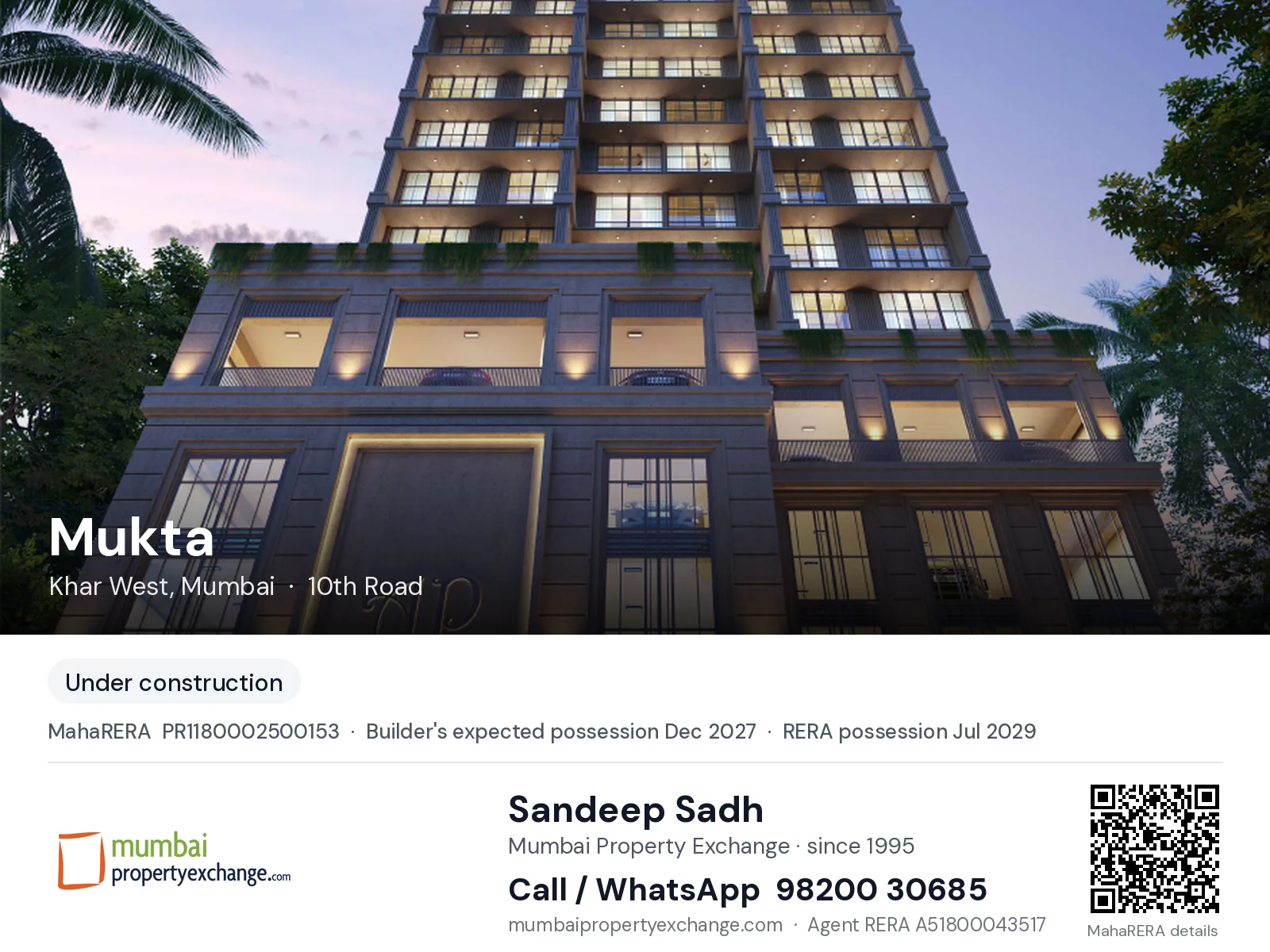 Mukta by AP, Khar West, Mumbai — new project, builder's expected possession Dec 2027, RERA possession Jul 2029 | Mumbai Property Exchange, Sandeep Sadh 98200 30685