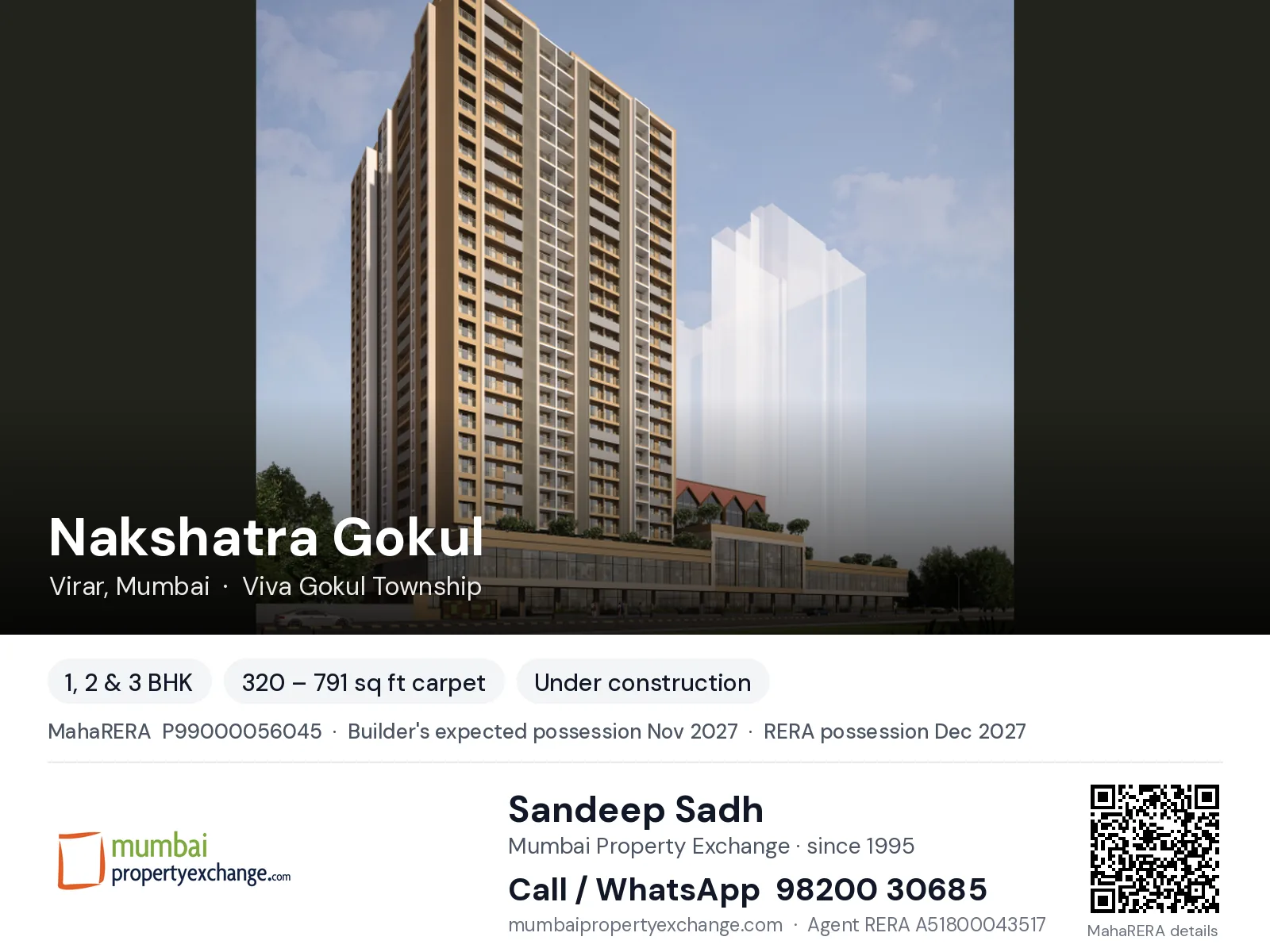 Nakshatra Gokul by JSB, Virar, Mumbai — 1, 2 & 3 BHK new project, builder's expected possession Nov 2027, RERA possession Dec 2027 | Mumbai Property Exchange, Sandeep Sadh 98200 30685