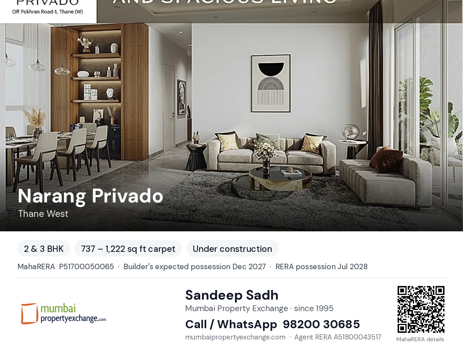 Narang Privado, Thane West — 2 & 3 BHK new project, builder's expected possession Dec 2027, RERA possession Jul 2028 | Mumbai Property Exchange, Sandeep Sadh 98200 30685