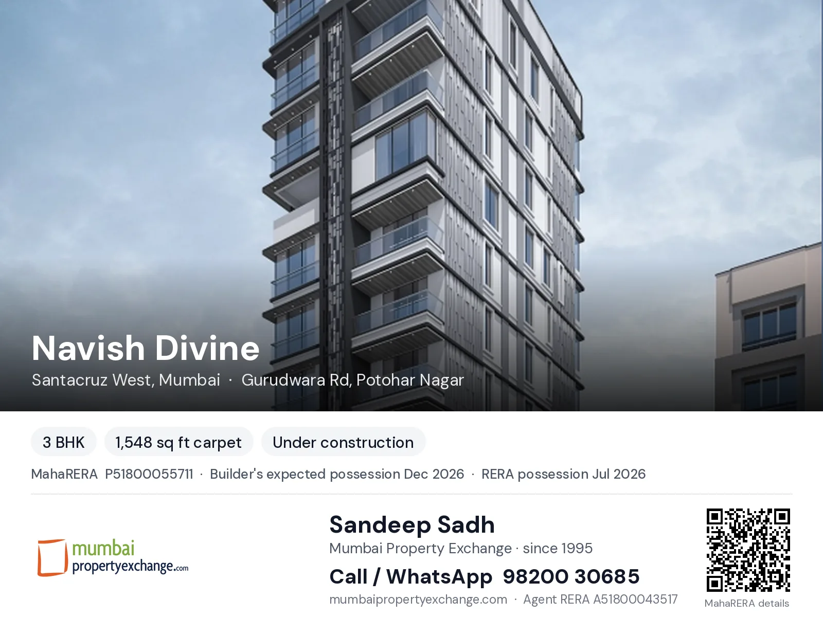Navish Divine, Santacruz West, Mumbai — 3 BHK new project, builder's expected possession Dec 2026, RERA possession Jul 2026 | Mumbai Property Exchange, Sandeep Sadh 98200 30685