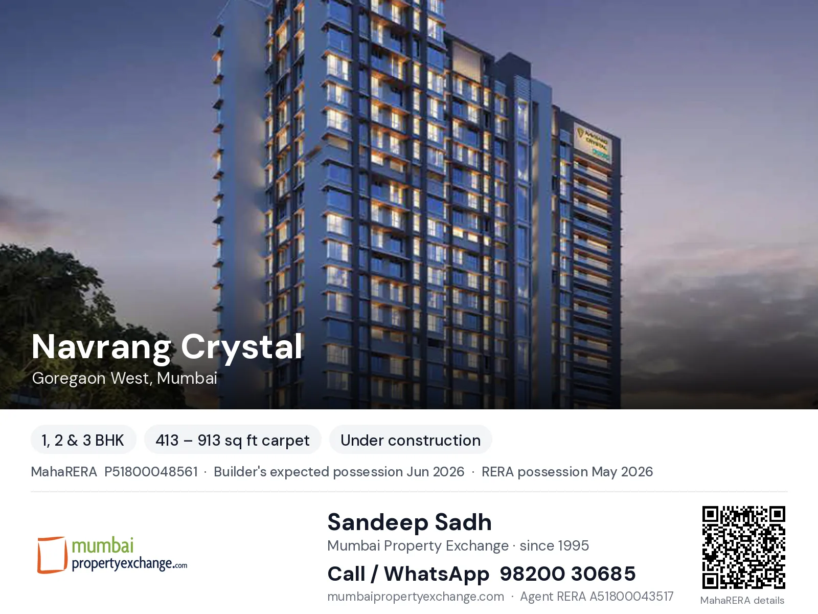 Navrang Crystal by Oxford, Goregaon West, Mumbai — 1, 2 & 3 BHK new project, builder's expected possession Jun 2026, RERA possession May 2026 | Mumbai Property Exchange, Sandeep Sadh 98200 30685