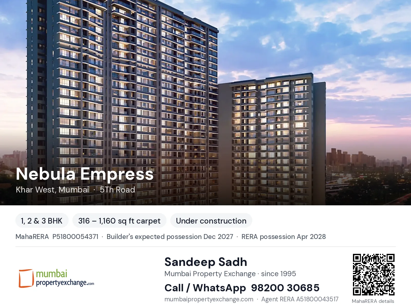 Nebula Empress by M/S Shiv Sai, Khar West, Mumbai — 1, 2 & 3 BHK new project, builder's expected possession Dec 2027, RERA possession Apr 2028 | Mumbai Property Exchange, Sandeep Sadh 98200 30685