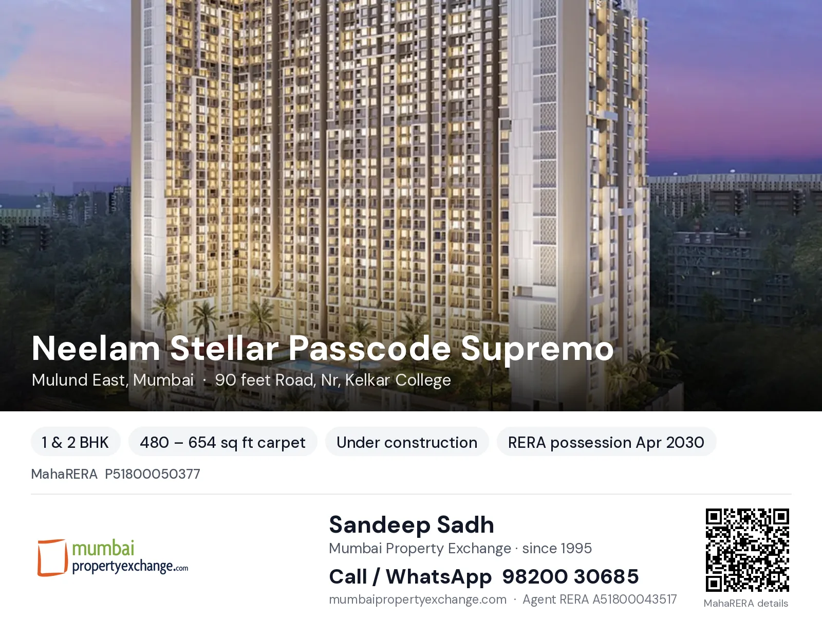 Neelam Stellar Passcode Supremo, Mulund East, Mumbai — 1 & 2 BHK new project, RERA possession Apr 2030 | Mumbai Property Exchange, Sandeep Sadh 98200 30685