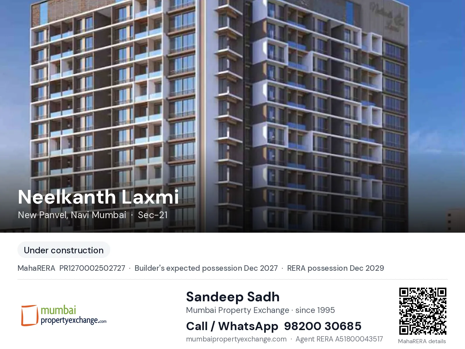 Neelkanth Laxmi, New Panvel, Navi Mumbai — new project, builder's expected possession Dec 2027, RERA possession Dec 2029 | Mumbai Property Exchange, Sandeep Sadh 98200 30685