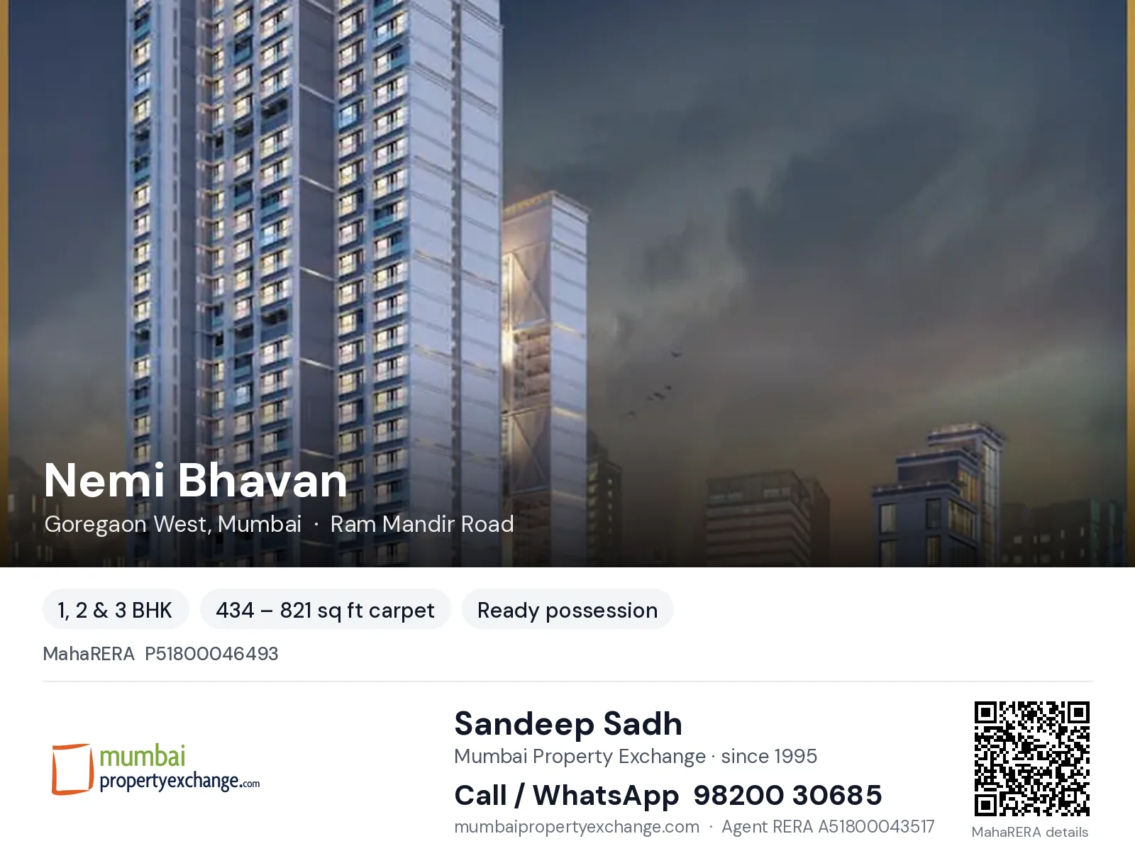 Nemi Bhavan by Neminath, Goregaon West, Mumbai — 1, 2 & 3 BHK ready-to-move project | Mumbai Property Exchange, Sandeep Sadh 98200 30685