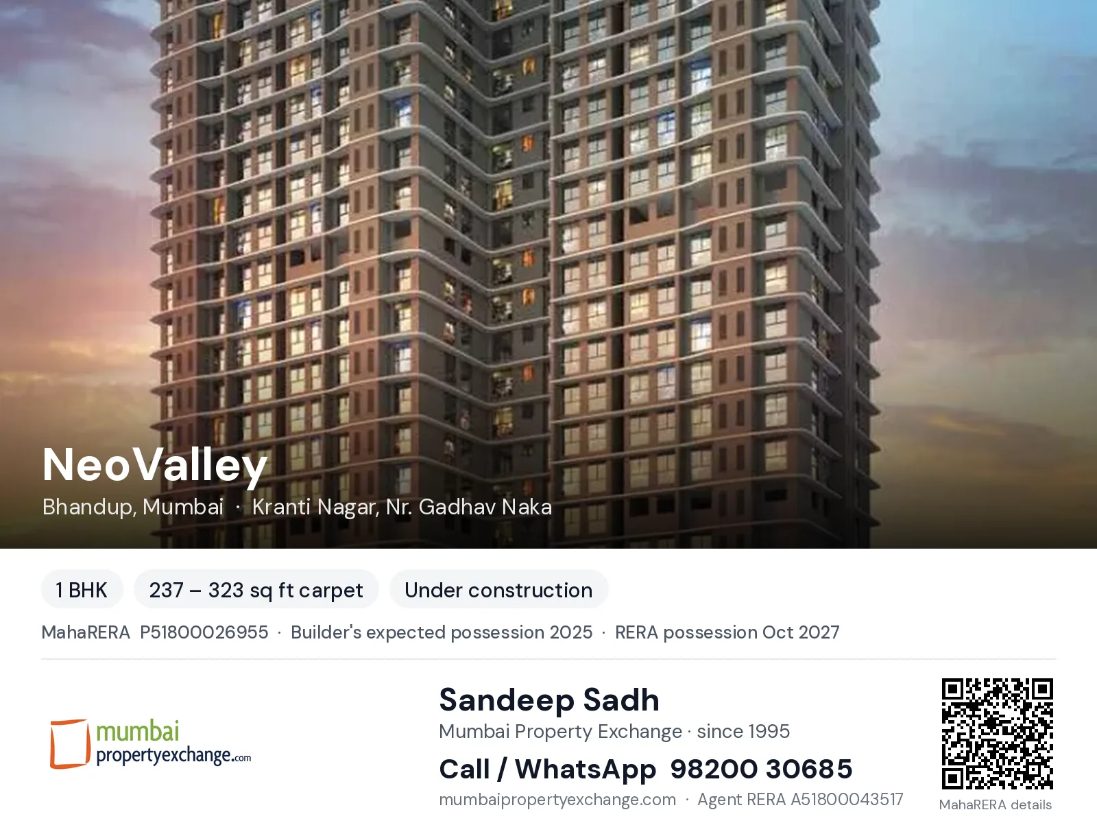 NeoValley by Marathon, Bhandup, Mumbai — 1 BHK new project, builder's expected possession 2025, RERA possession Oct 2027 | Mumbai Property Exchange, Sandeep Sadh 98200 30685