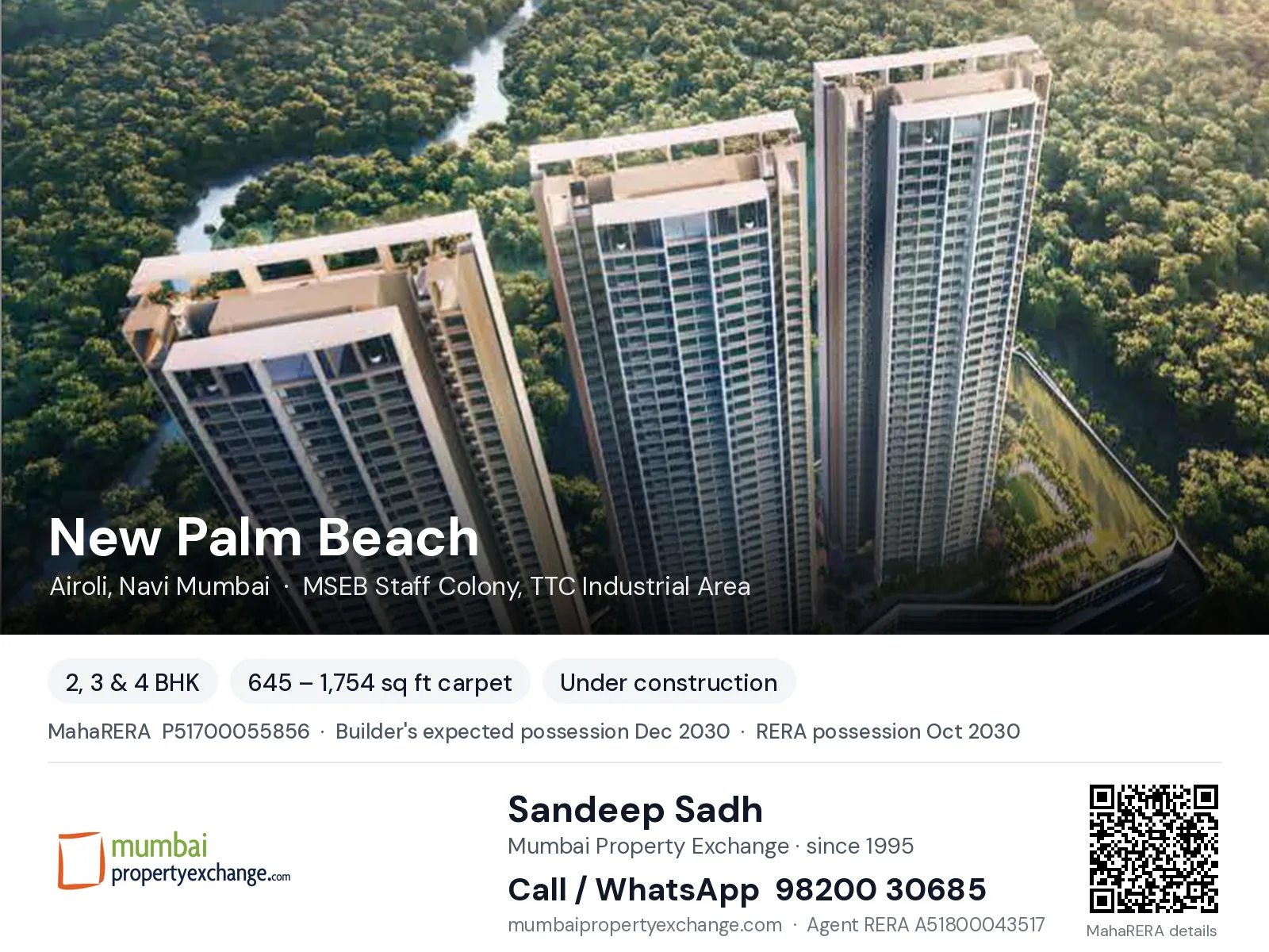 New Palm Beach by Bhagwati, Airoli, Navi Mumbai — 2, 3 & 4 BHK new project, builder's expected possession Dec 2030, RERA possession Oct 2030 | Mumbai Property Exchange, Sandeep Sadh 98200 30685
