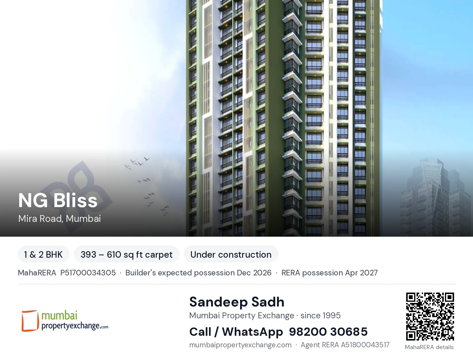 NG Bliss by RNA NG, Mira Road, Mumbai — 1 & 2 BHK new project, builder's expected possession Dec 2026, RERA possession Apr 2027 | Mumbai Property Exchange, Sandeep Sadh 98200 30685