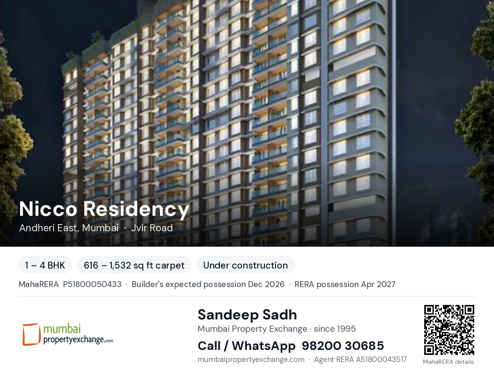 Nicco Residency, Andheri East, Mumbai — 1 – 4 BHK new project, builder's expected possession Dec 2026, RERA possession Apr 2027 | Mumbai Property Exchange, Sandeep Sadh 98200 30685