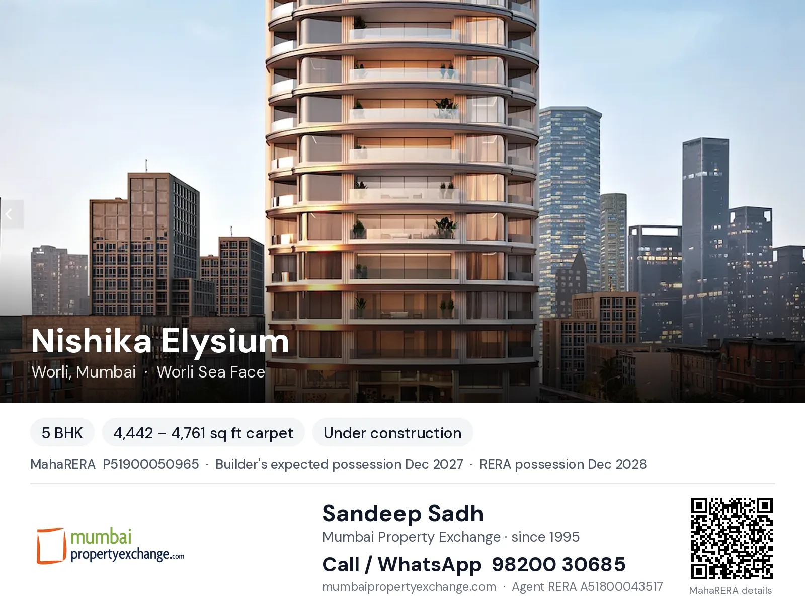 Nishika Elysium by Avighna India, Worli, Mumbai — 5 BHK new project, builder's expected possession Dec 2027, RERA possession Dec 2028 | Mumbai Property Exchange, Sandeep Sadh 98200 30685