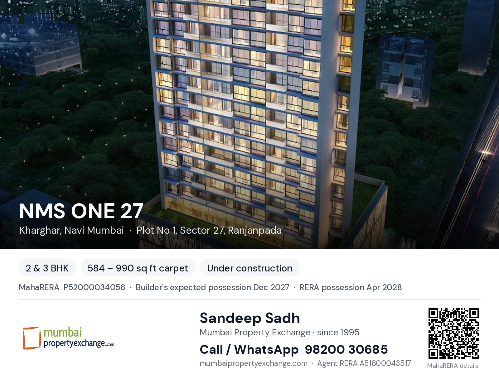 NMS ONE 27, Kharghar, Navi Mumbai — 2 & 3 BHK new project, builder's expected possession Dec 2027, RERA possession Apr 2028 | Mumbai Property Exchange, Sandeep Sadh 98200 30685