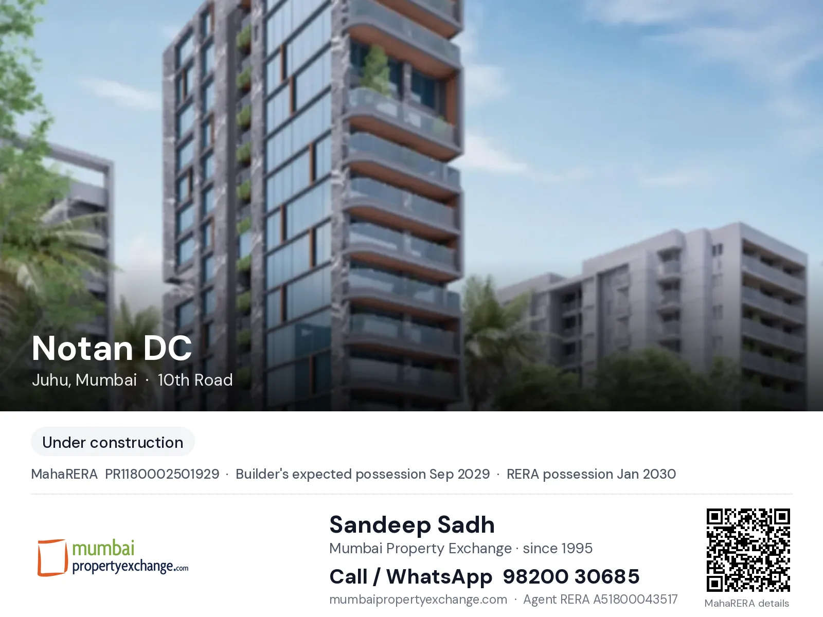Notan DC by Notandas, Juhu, Mumbai — new project, builder's expected possession Sep 2029, RERA possession Jan 2030 | Mumbai Property Exchange, Sandeep Sadh 98200 30685