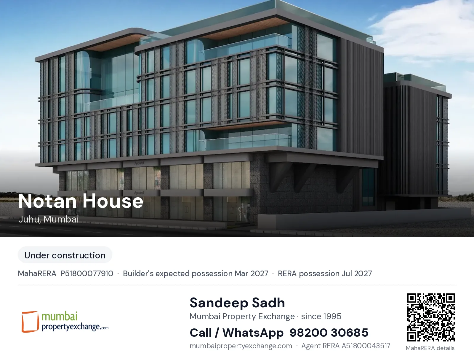 Notan House by Notandas, Juhu, Mumbai β new project, builder's expected possession Mar 2027, RERA possession Jul 2027 | Mumbai Property Exchange, Sandeep Sadh 98200 30685
