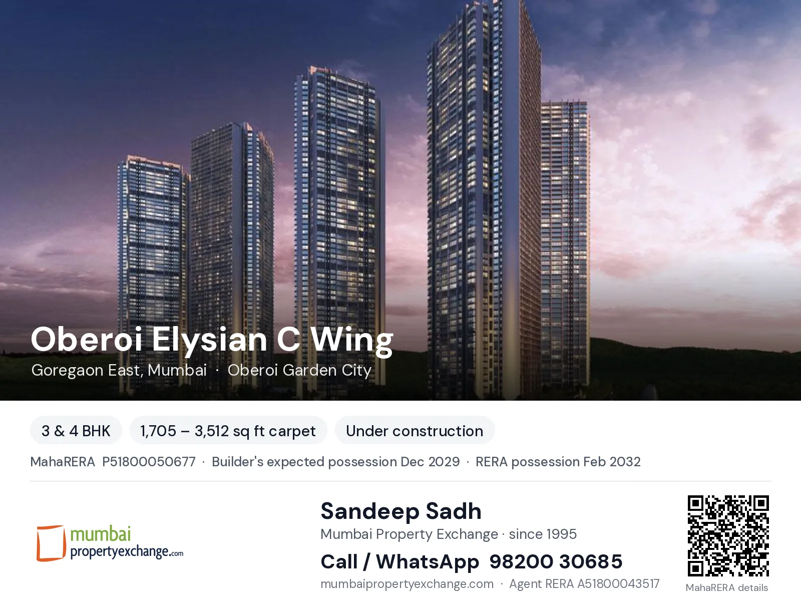 Oberoi Elysian C Wing, Goregaon East, Mumbai — 3 & 4 BHK new project, builder's expected possession Dec 2029, RERA possession Feb 2032 | Mumbai Property Exchange, Sandeep Sadh 98200 30685