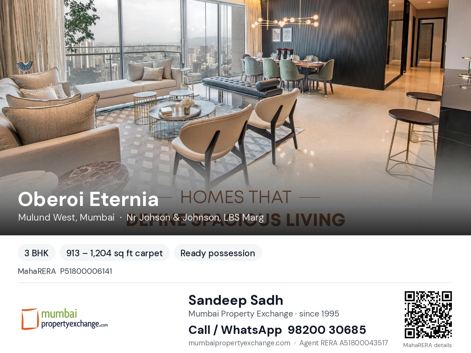 Oberoi Eternia, Mulund West, Mumbai — 3 BHK ready-to-move project | Mumbai Property Exchange, Sandeep Sadh 98200 30685