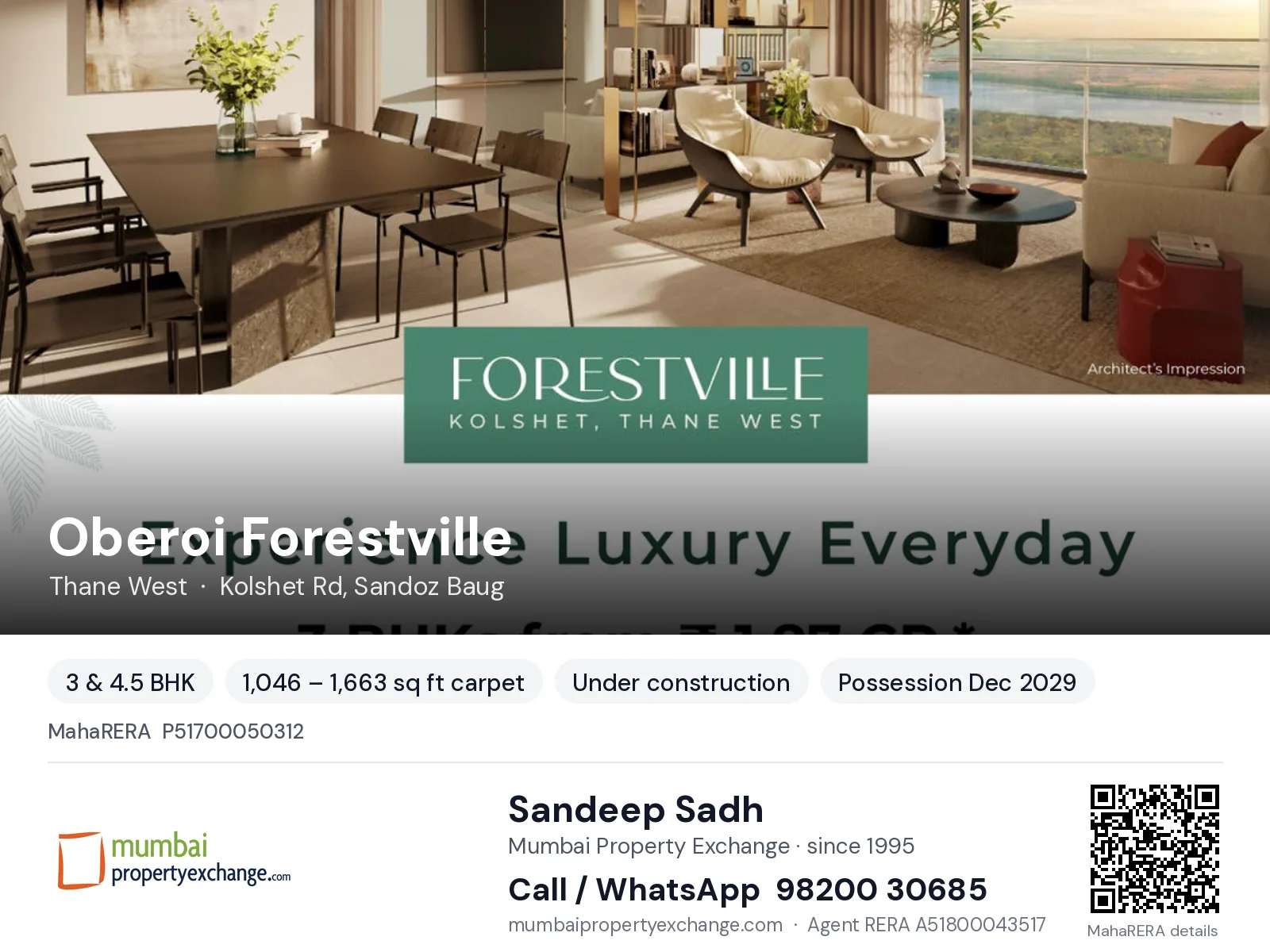 Oberoi Forestville, Thane West — 3 & 4.5 BHK new project, possession Dec 2029 | Mumbai Property Exchange, Sandeep Sadh 98200 30685
