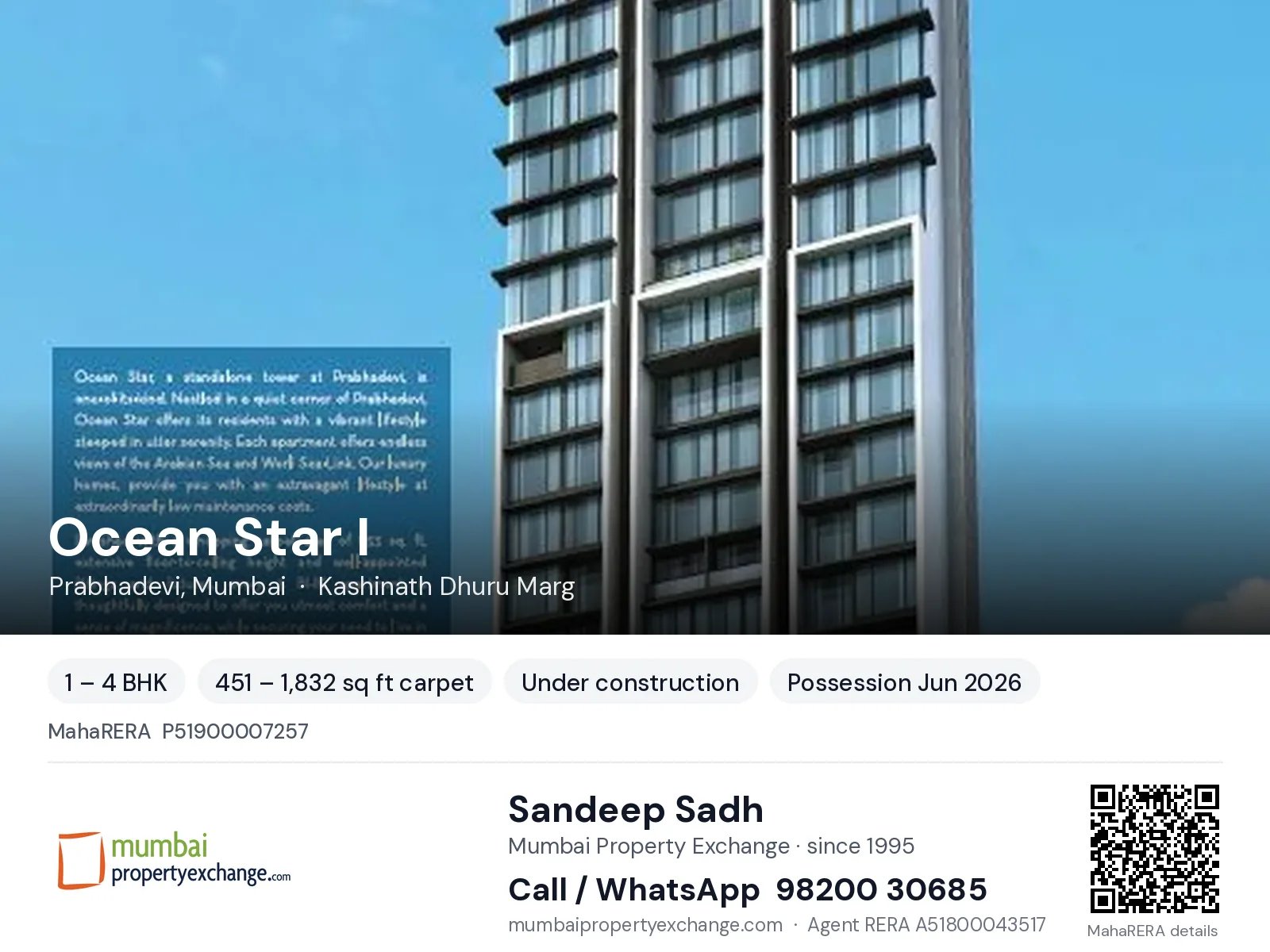 Ocean Star I by Suraj, Prabhadevi, Mumbai — 1 – 4 BHK new project, possession Jun 2026 | Mumbai Property Exchange, Sandeep Sadh 98200 30685
