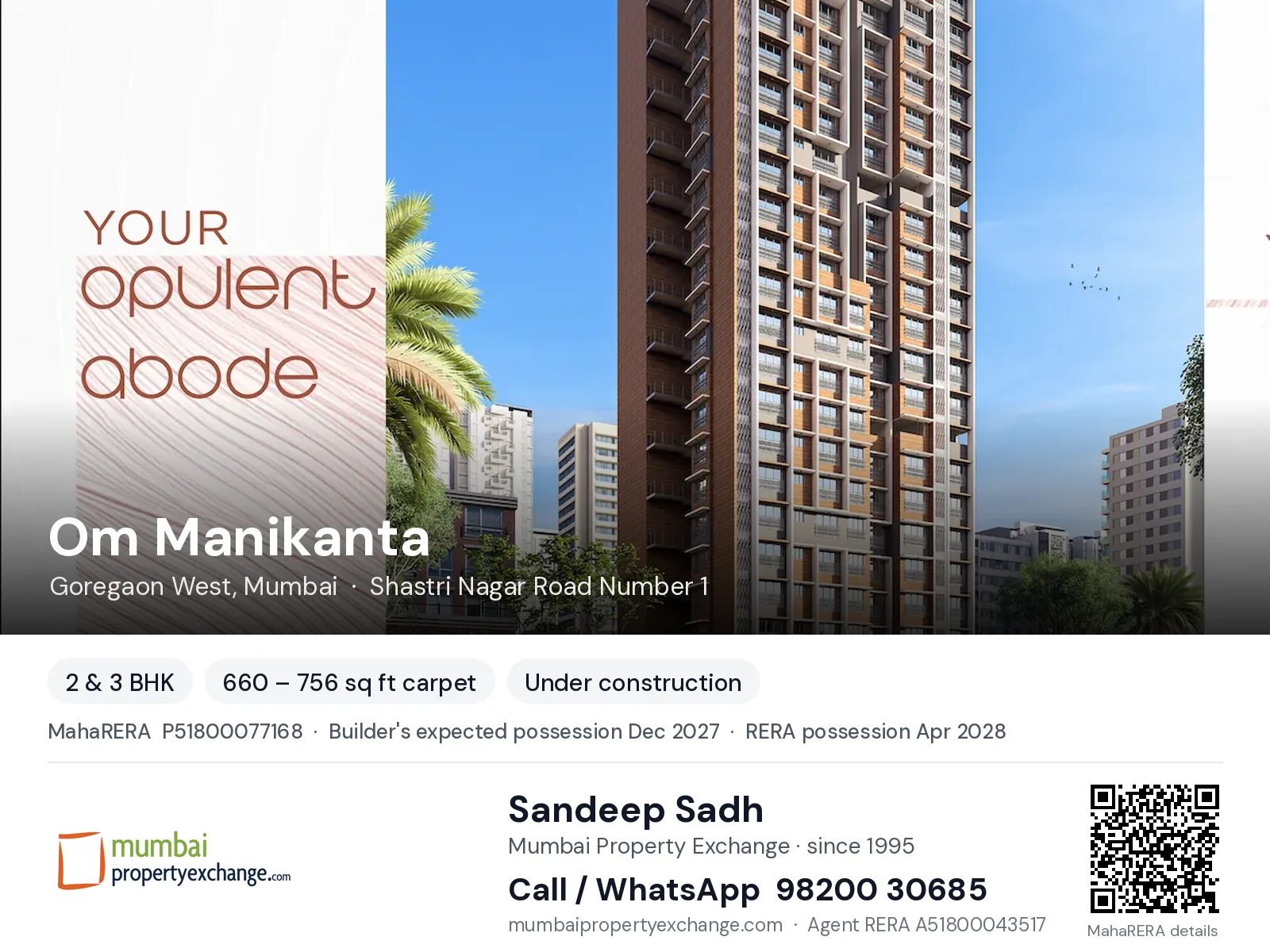 Om Manikanta by PCPL, Goregaon West, Mumbai — 2 & 3 BHK new project, builder's expected possession Dec 2027, RERA possession Apr 2028 | Mumbai Property Exchange, Sandeep Sadh 98200 30685