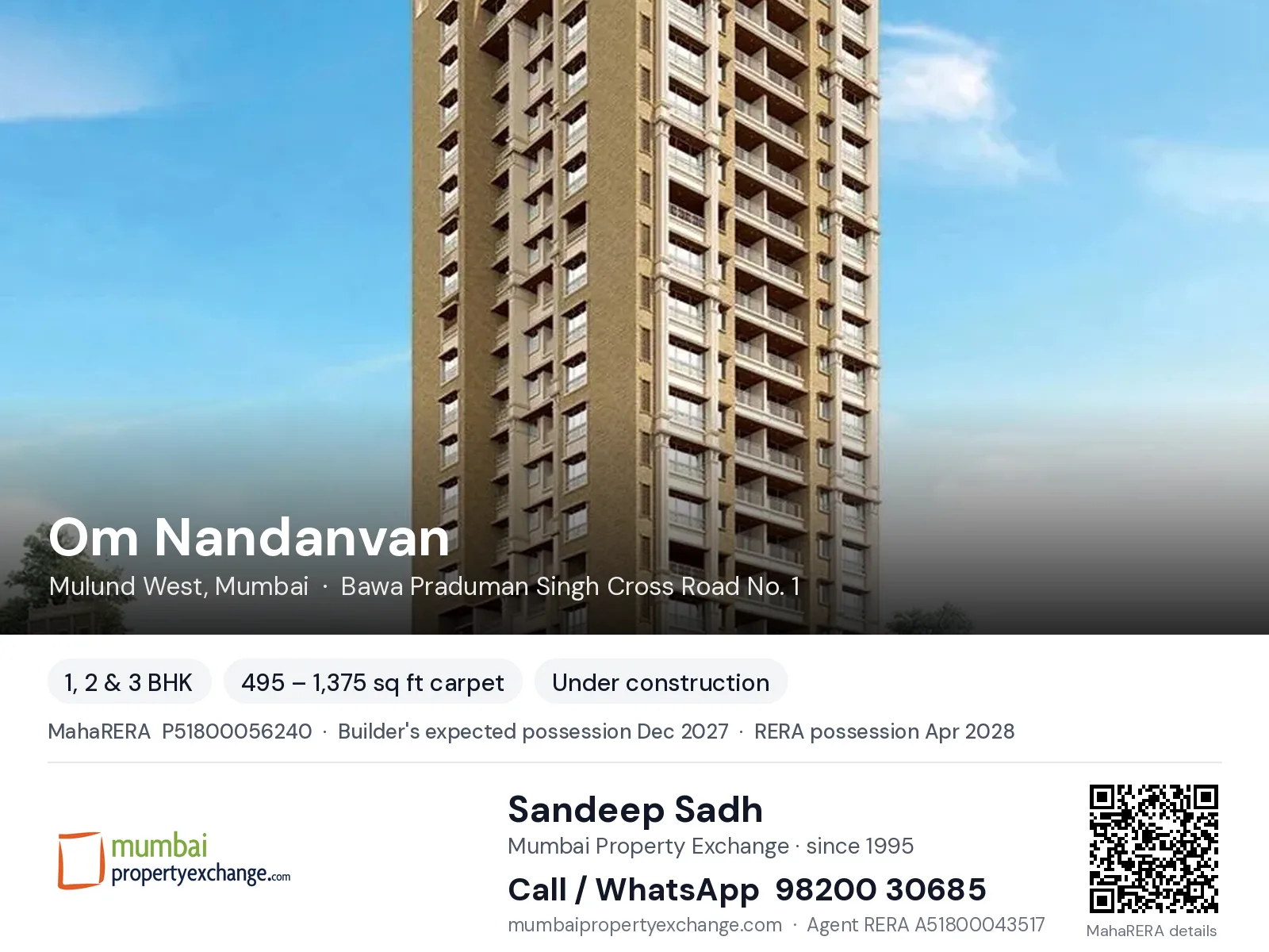 Om Nandanvan by Oscar, Mulund West, Mumbai — 1, 2 & 3 BHK new project, builder's expected possession Dec 2027, RERA possession Apr 2028 | Mumbai Property Exchange, Sandeep Sadh 98200 30685
