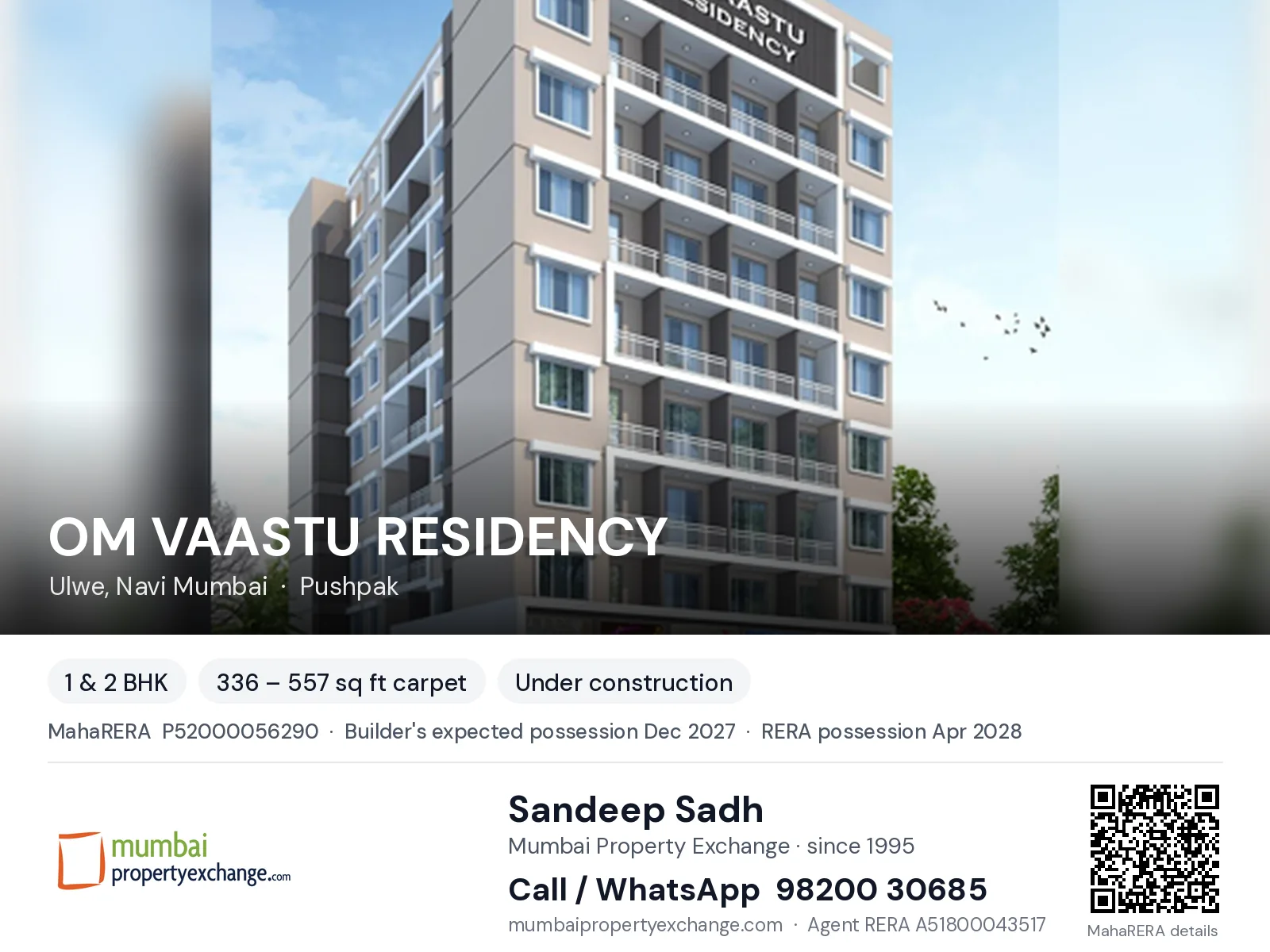 OM VAASTU RESIDENCY, Ulwe, Navi Mumbai — 1 & 2 BHK new project, builder's expected possession Dec 2027, RERA possession Apr 2028 | Mumbai Property Exchange, Sandeep Sadh 98200 30685
