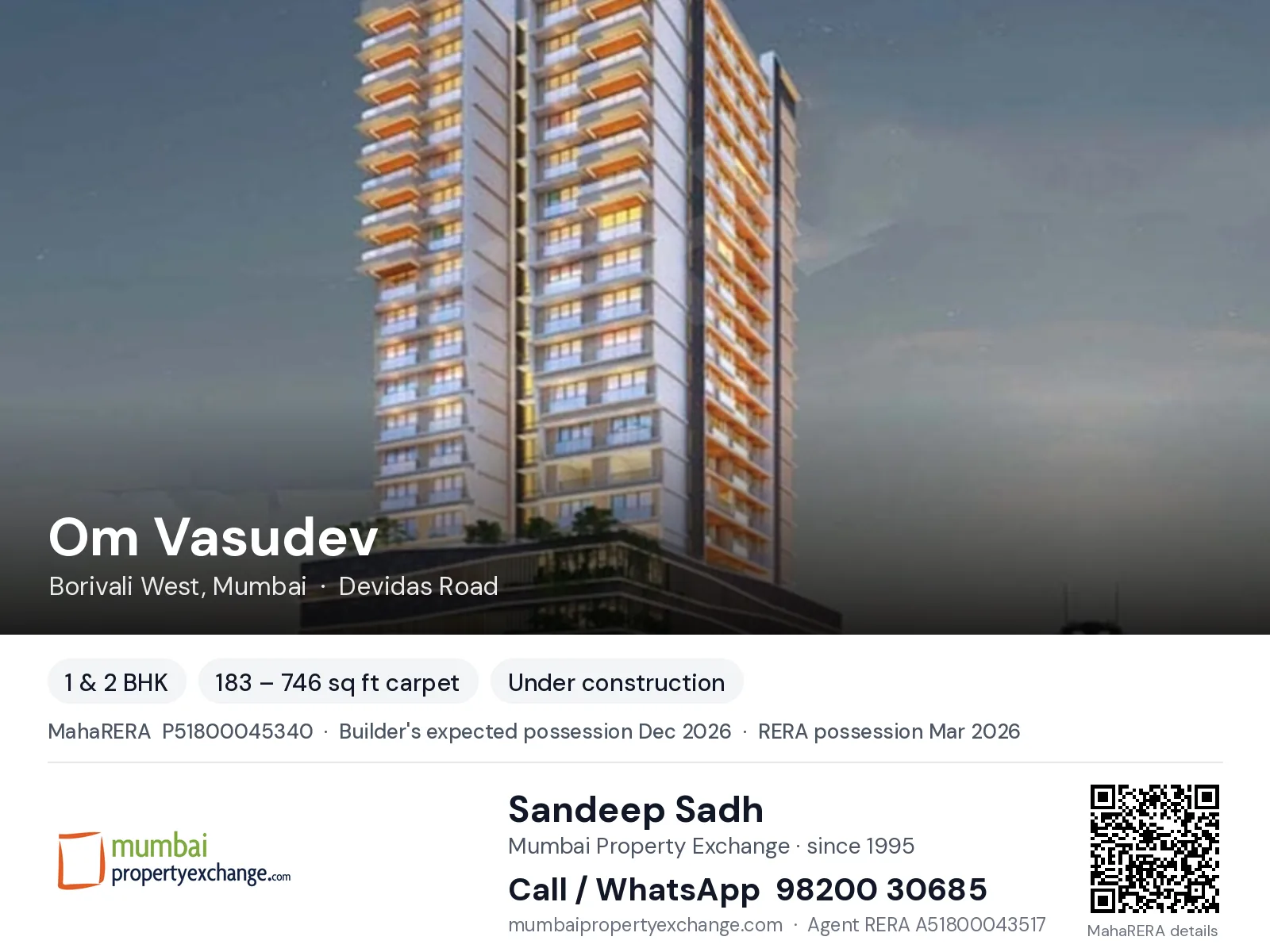 Om Vasudev by Amar, Borivali West, Mumbai — 1 & 2 BHK new project, builder's expected possession Dec 2026, RERA possession Mar 2026 | Mumbai Property Exchange, Sandeep Sadh 98200 30685