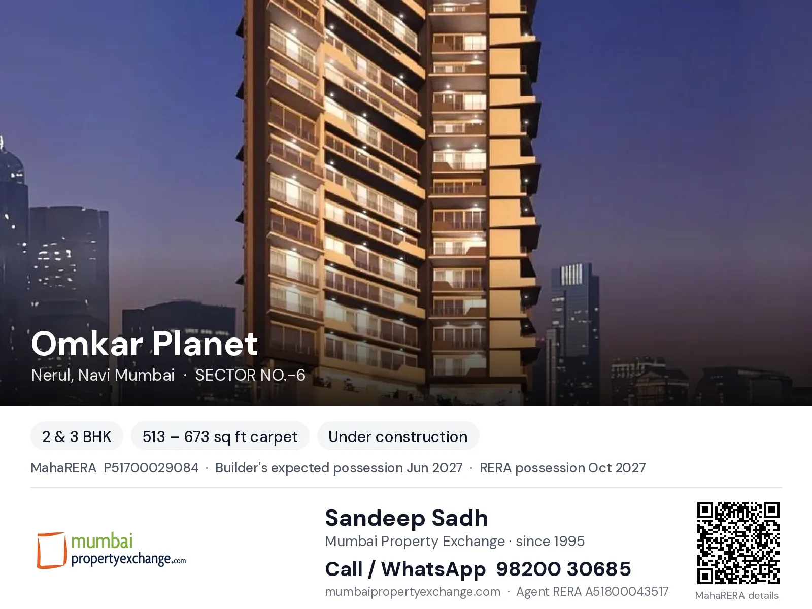 Omkar Planet, Nerul, Navi Mumbai — 2 & 3 BHK new project, builder's expected possession Jun 2027, RERA possession Oct 2027 | Mumbai Property Exchange, Sandeep Sadh 98200 30685