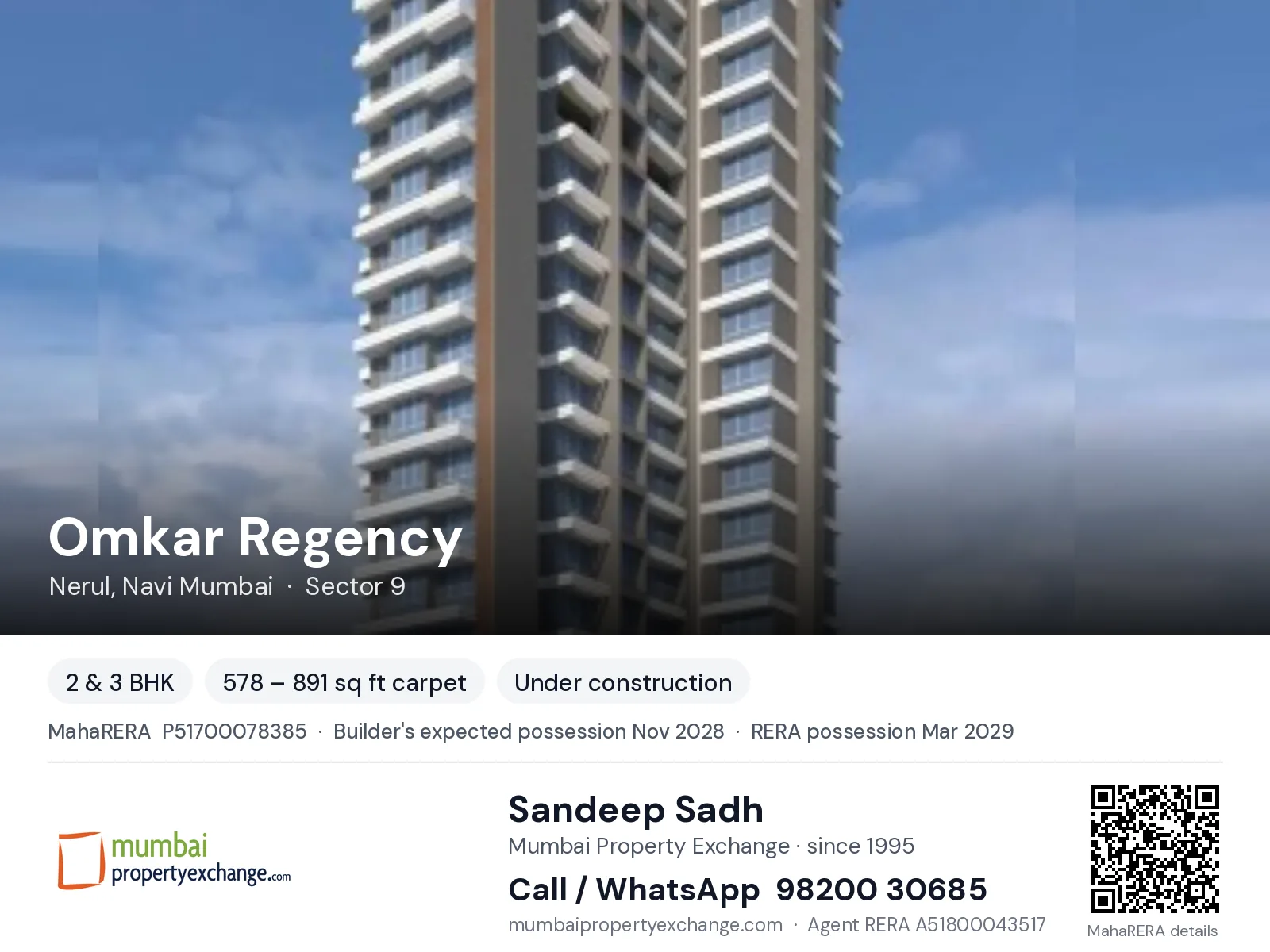 Omkar Regency by Aarav, Nerul, Navi Mumbai — 2 & 3 BHK new project, builder's expected possession Nov 2028, RERA possession Mar 2029 | Mumbai Property Exchange, Sandeep Sadh 98200 30685