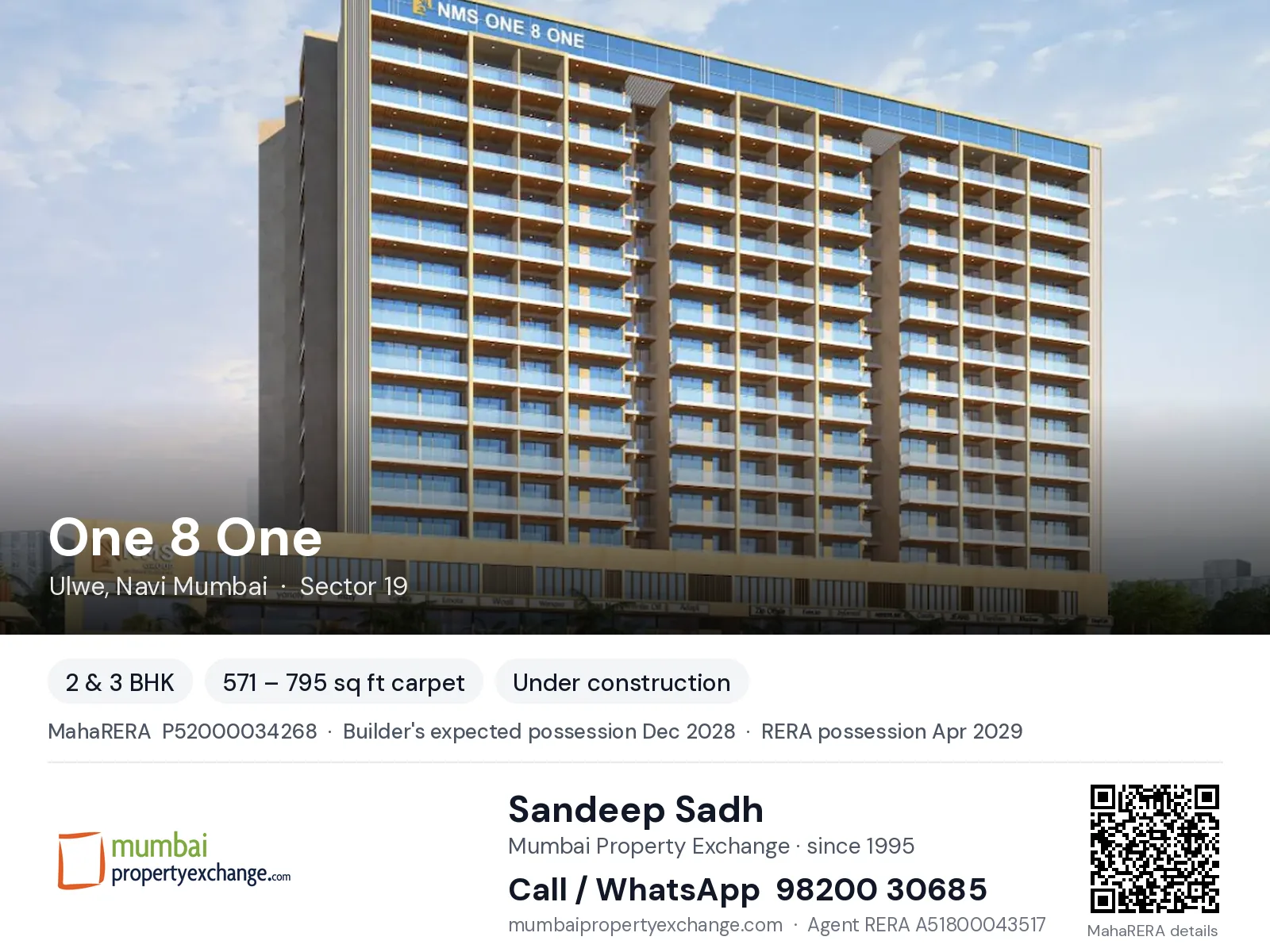One 8 One by NMS, Ulwe, Navi Mumbai — 2 & 3 BHK new project, builder's expected possession Dec 2028, RERA possession Apr 2029 | Mumbai Property Exchange, Sandeep Sadh 98200 30685