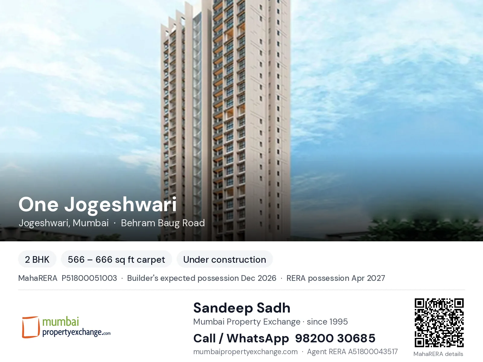 One Jogeshwari by Unique, Jogeshwari, Mumbai — 2 BHK new project, builder's expected possession Dec 2026, RERA possession Apr 2027 | Mumbai Property Exchange, Sandeep Sadh 98200 30685