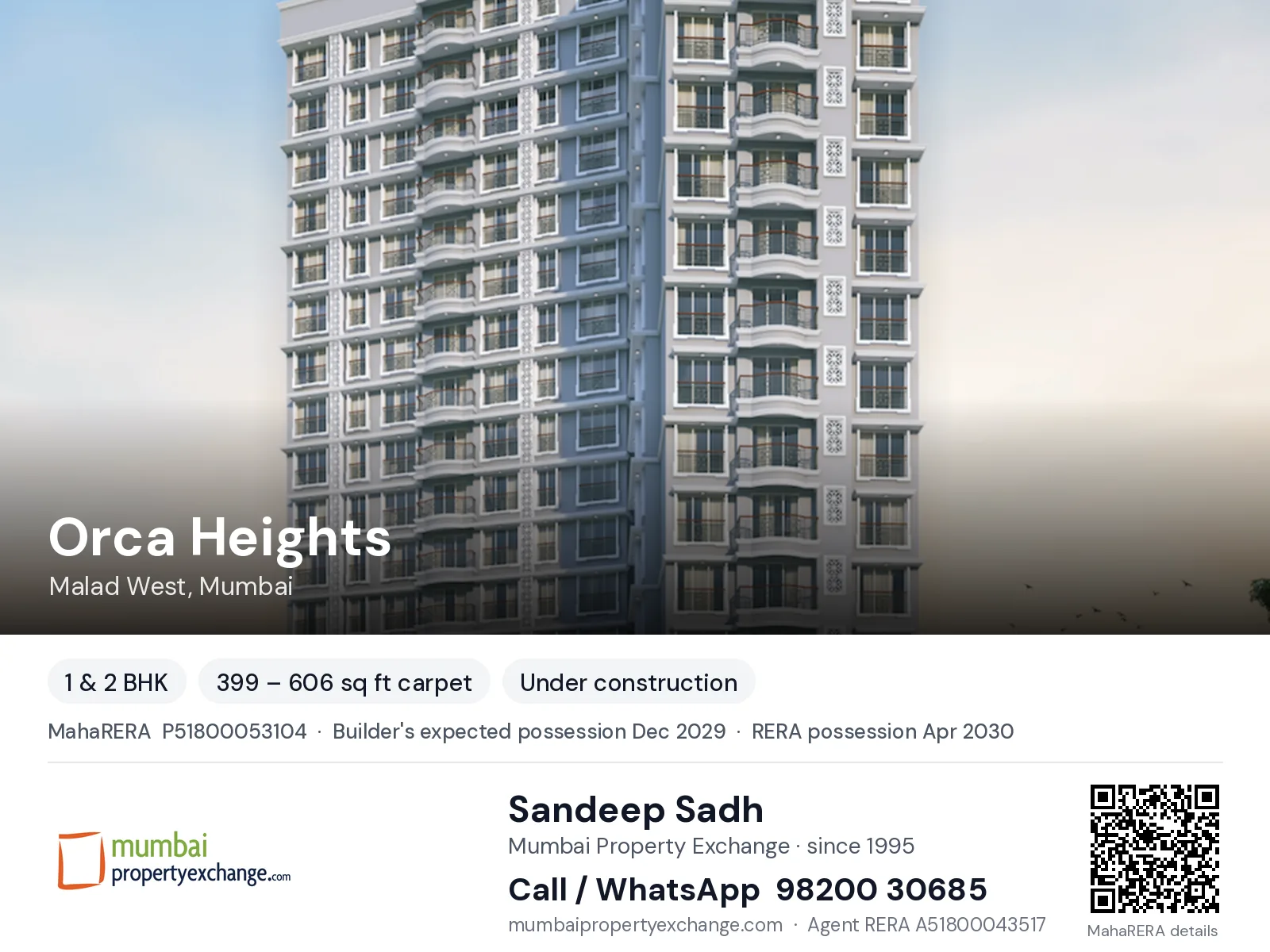 Orca Heights by AP, Malad West, Mumbai — 1 & 2 BHK new project, builder's expected possession Dec 2029, RERA possession Apr 2030 | Mumbai Property Exchange, Sandeep Sadh 98200 30685