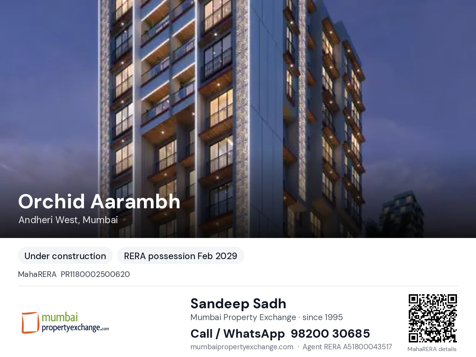 Orchid Aarambh, Andheri West, Mumbai — new project, RERA possession Feb 2029 | Mumbai Property Exchange, Sandeep Sadh 98200 30685