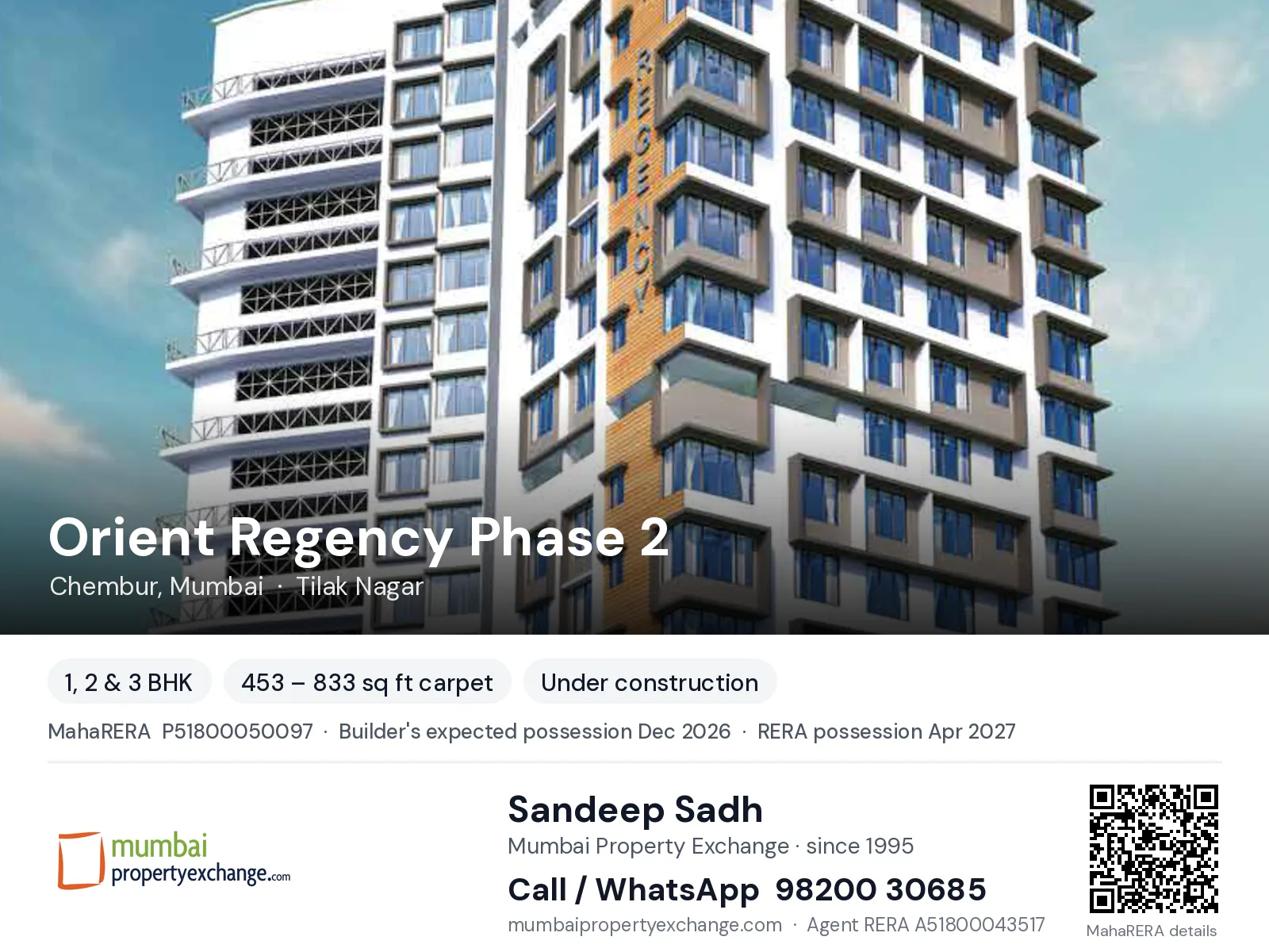 Orient Regency Phase 2, Chembur, Mumbai — 1, 2 & 3 BHK new project, builder's expected possession Dec 2026, RERA possession Apr 2027 | Mumbai Property Exchange, Sandeep Sadh 98200 30685