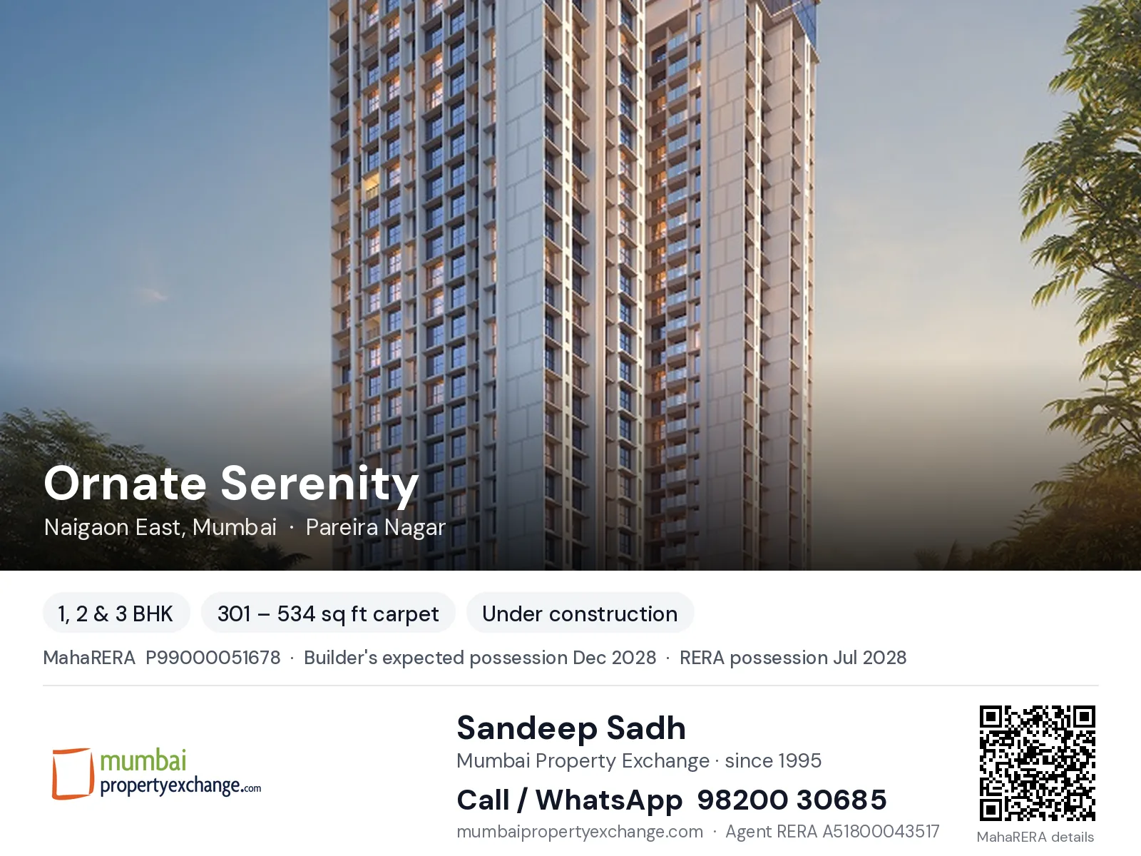 Ornate Serenity, Naigaon East, Mumbai — 1, 2 & 3 BHK new project, builder's expected possession Dec 2028, RERA possession Jul 2028 | Mumbai Property Exchange, Sandeep Sadh 98200 30685