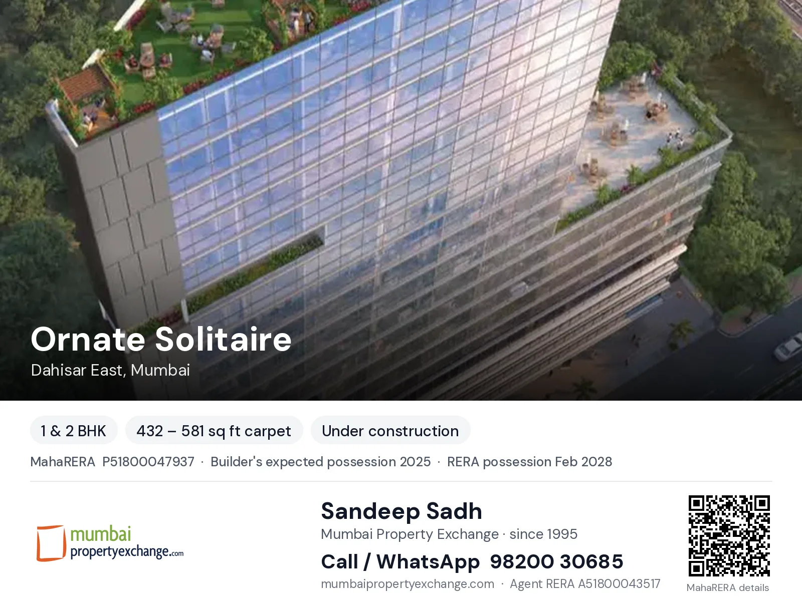 Ornate Solitaire, Dahisar East, Mumbai — 1 & 2 BHK new project, builder's expected possession 2025, RERA possession Feb 2028 | Mumbai Property Exchange, Sandeep Sadh 98200 30685