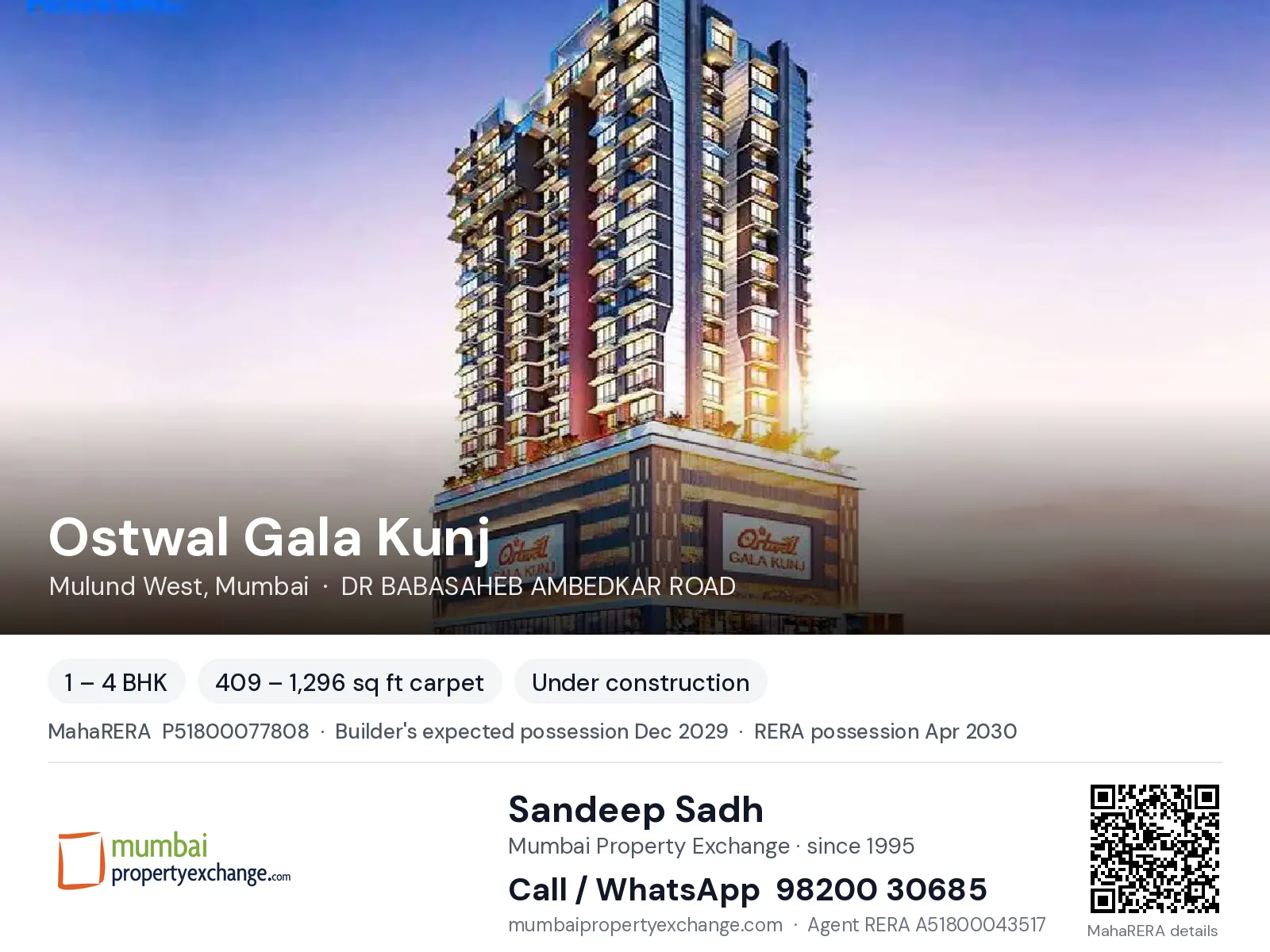Ostwal Gala Kunj, Mulund West, Mumbai — 1 – 4 BHK new project, builder's expected possession Dec 2029, RERA possession Apr 2030 | Mumbai Property Exchange, Sandeep Sadh 98200 30685