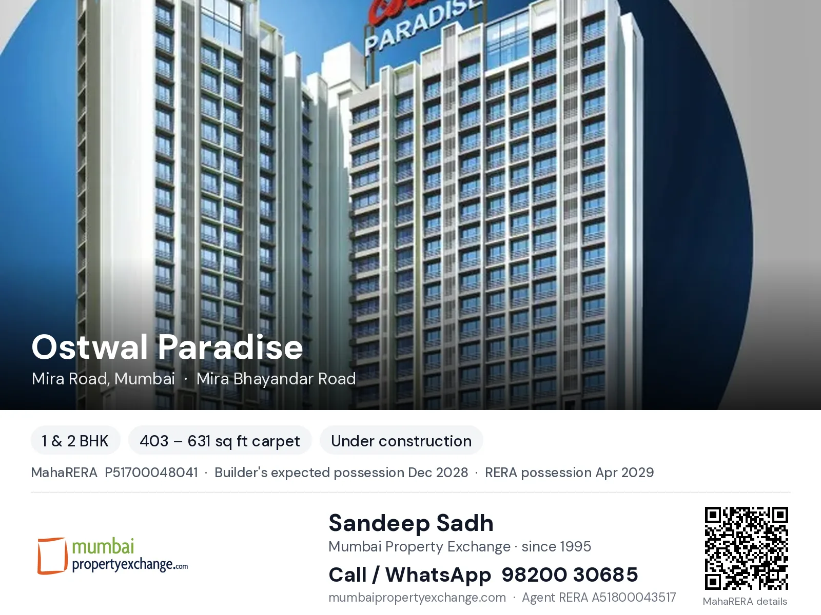 Ostwal Paradise, Mira Road, Mumbai — 1 & 2 BHK new project, builder's expected possession Dec 2028, RERA possession Apr 2029 | Mumbai Property Exchange, Sandeep Sadh 98200 30685