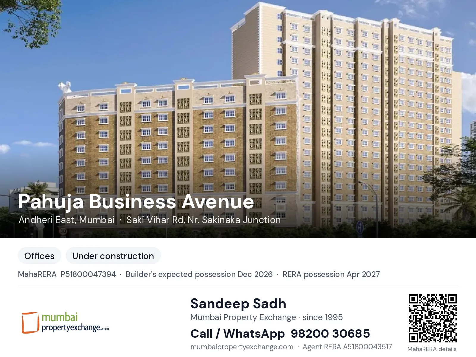 Pahuja Business Avenue by Shakti, Andheri East, Mumbai — new project, builder's expected possession Dec 2026, RERA possession Apr 2027 | Mumbai Property Exchange, Sandeep Sadh 98200 30685