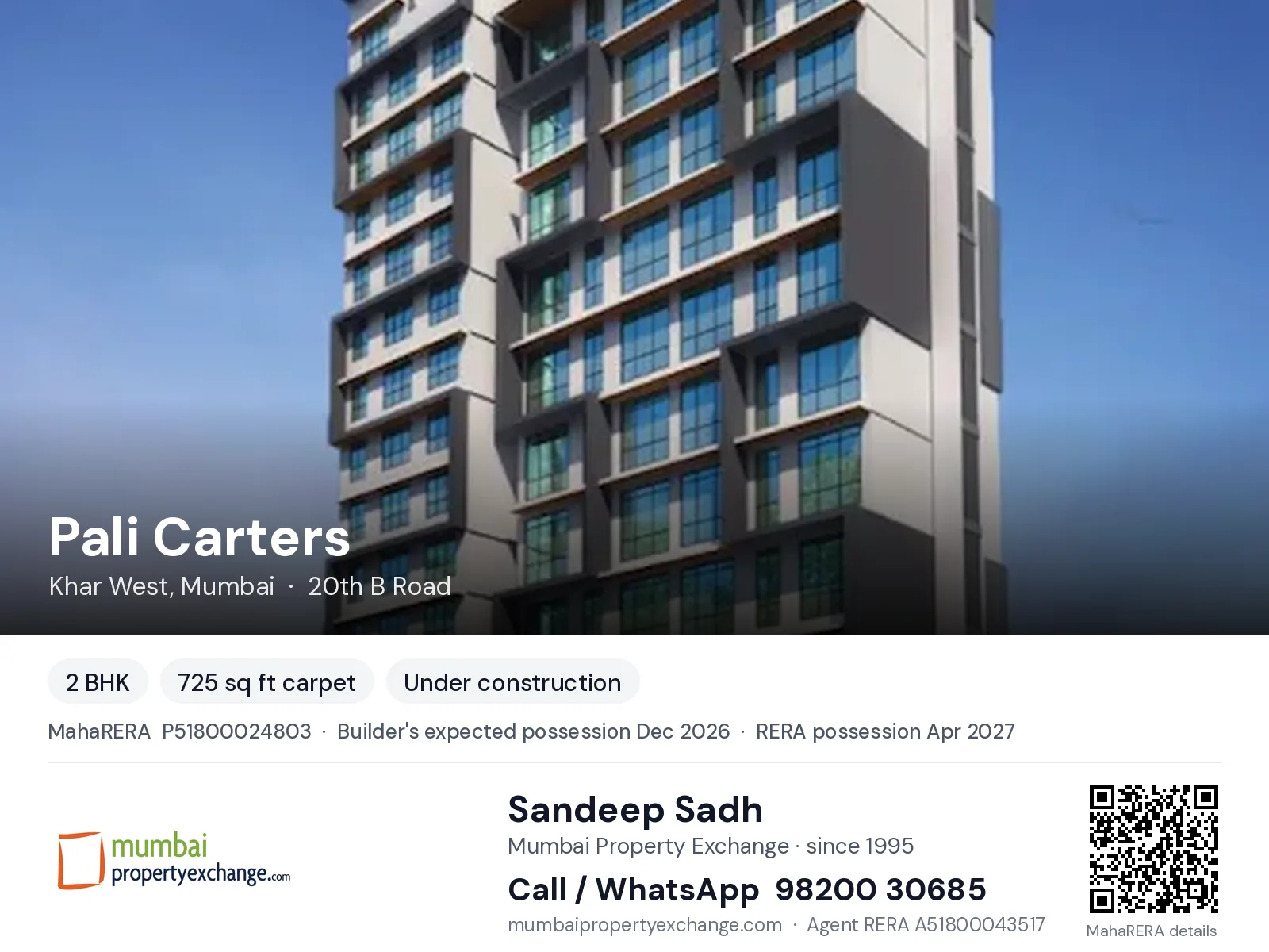 Pali Carters by M.R, Khar West, Mumbai — 2 BHK new project, builder's expected possession Dec 2026, RERA possession Apr 2027 | Mumbai Property Exchange, Sandeep Sadh 98200 30685
