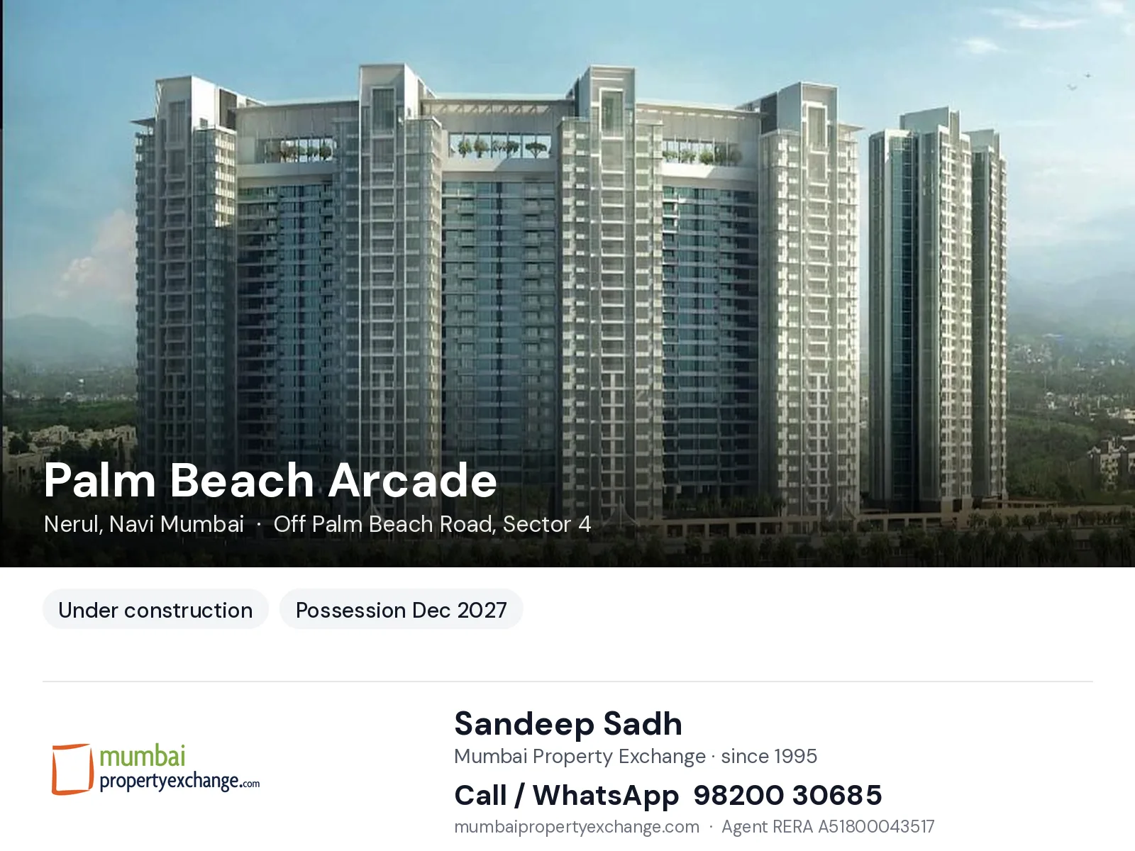 Palm Beach Arcade by Wadhwa, Nerul, Navi Mumbai — new project, possession Dec 2027 | Mumbai Property Exchange, Sandeep Sadh 98200 30685