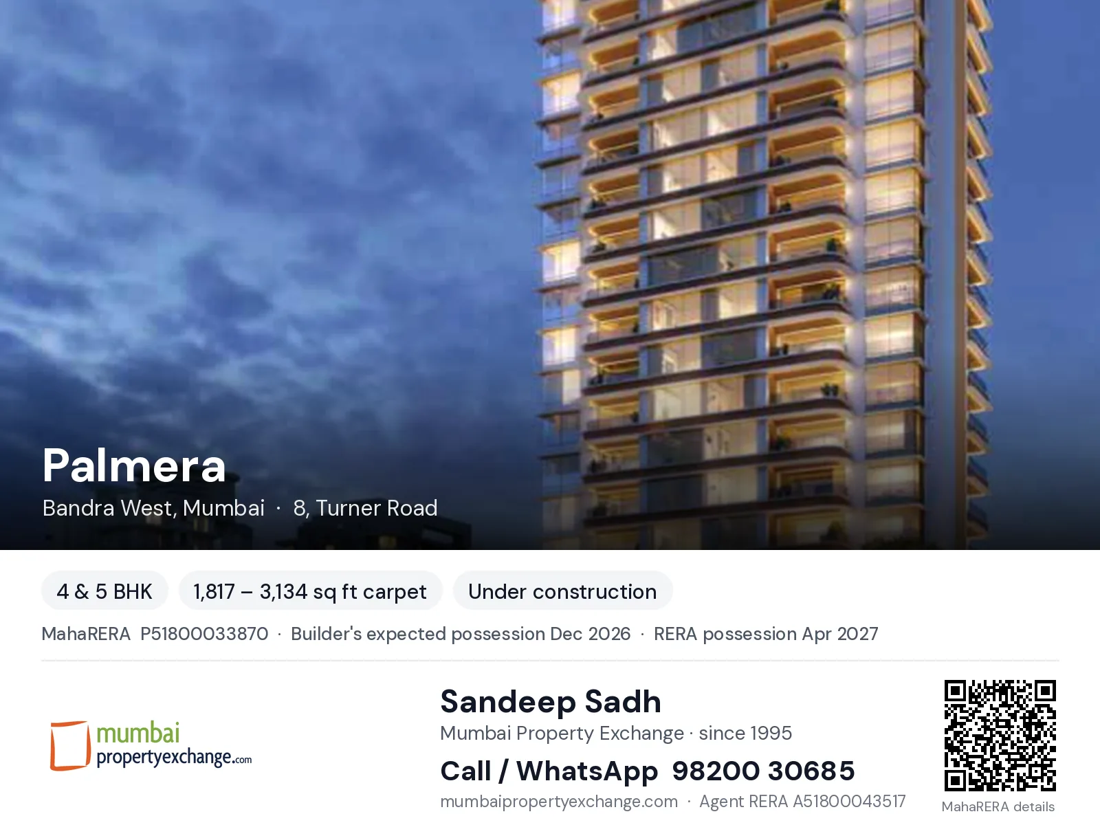 Palmera by Pantheion, Bandra West, Mumbai — 4 & 5 BHK new project, builder's expected possession Dec 2026, RERA possession Apr 2027 | Mumbai Property Exchange, Sandeep Sadh 98200 30685