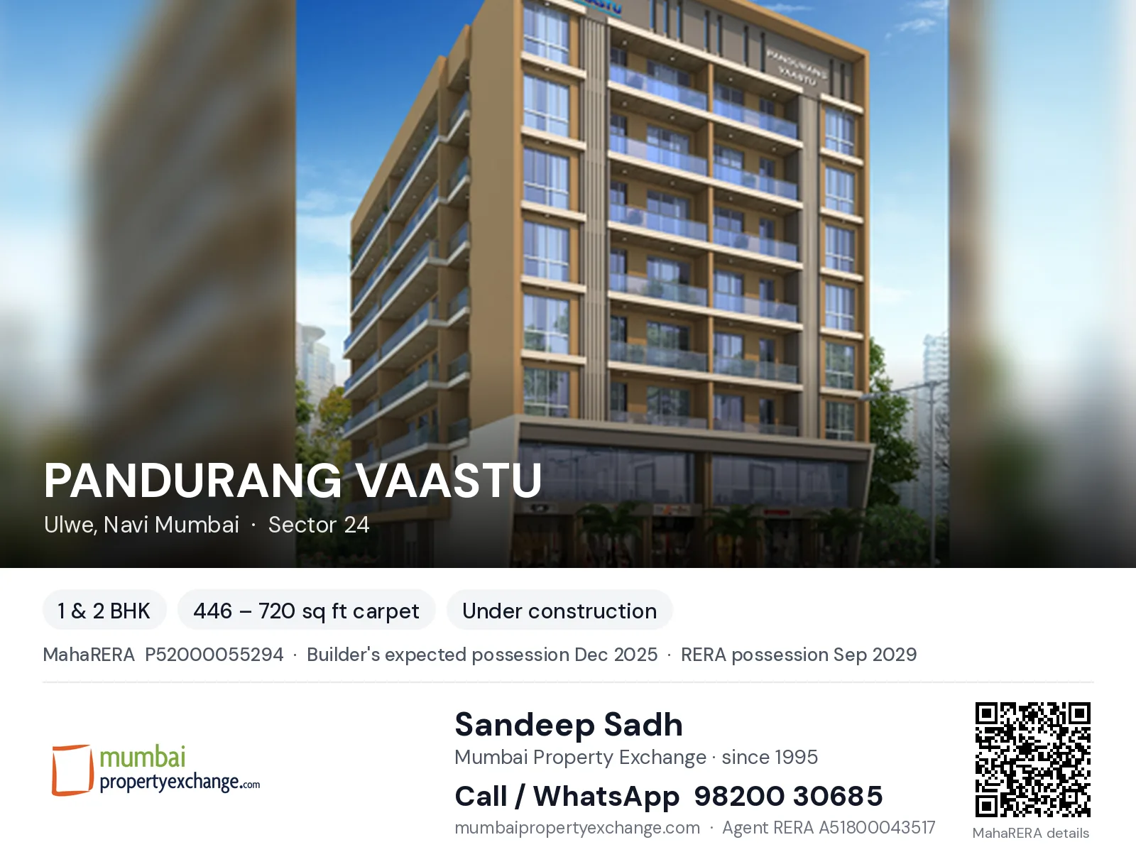 PANDURANG VAASTU, Ulwe, Navi Mumbai — 1 & 2 BHK new project, builder's expected possession Dec 2025, RERA possession Sep 2029 | Mumbai Property Exchange, Sandeep Sadh 98200 30685
