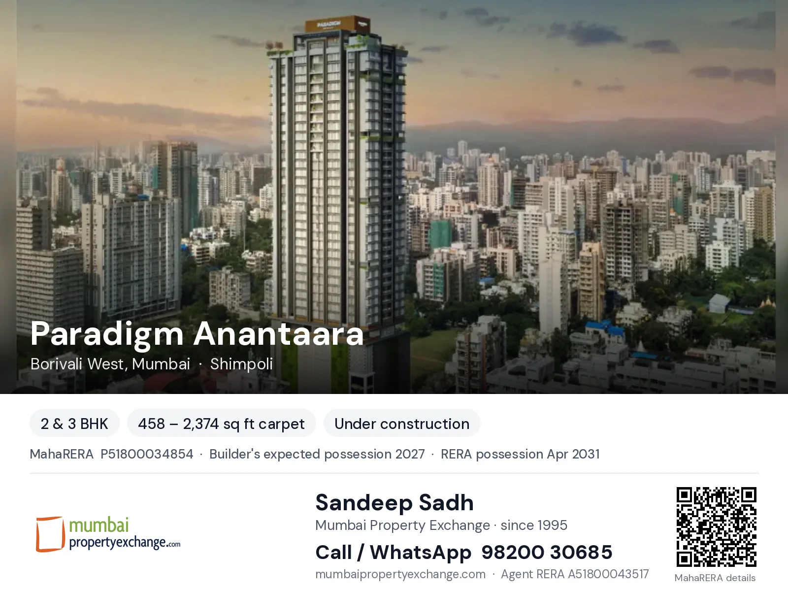 Paradigm Anantaara, Borivali West, Mumbai — 2 & 3 BHK new project, builder's expected possession 2027, RERA possession Apr 2031 | Mumbai Property Exchange, Sandeep Sadh 98200 30685