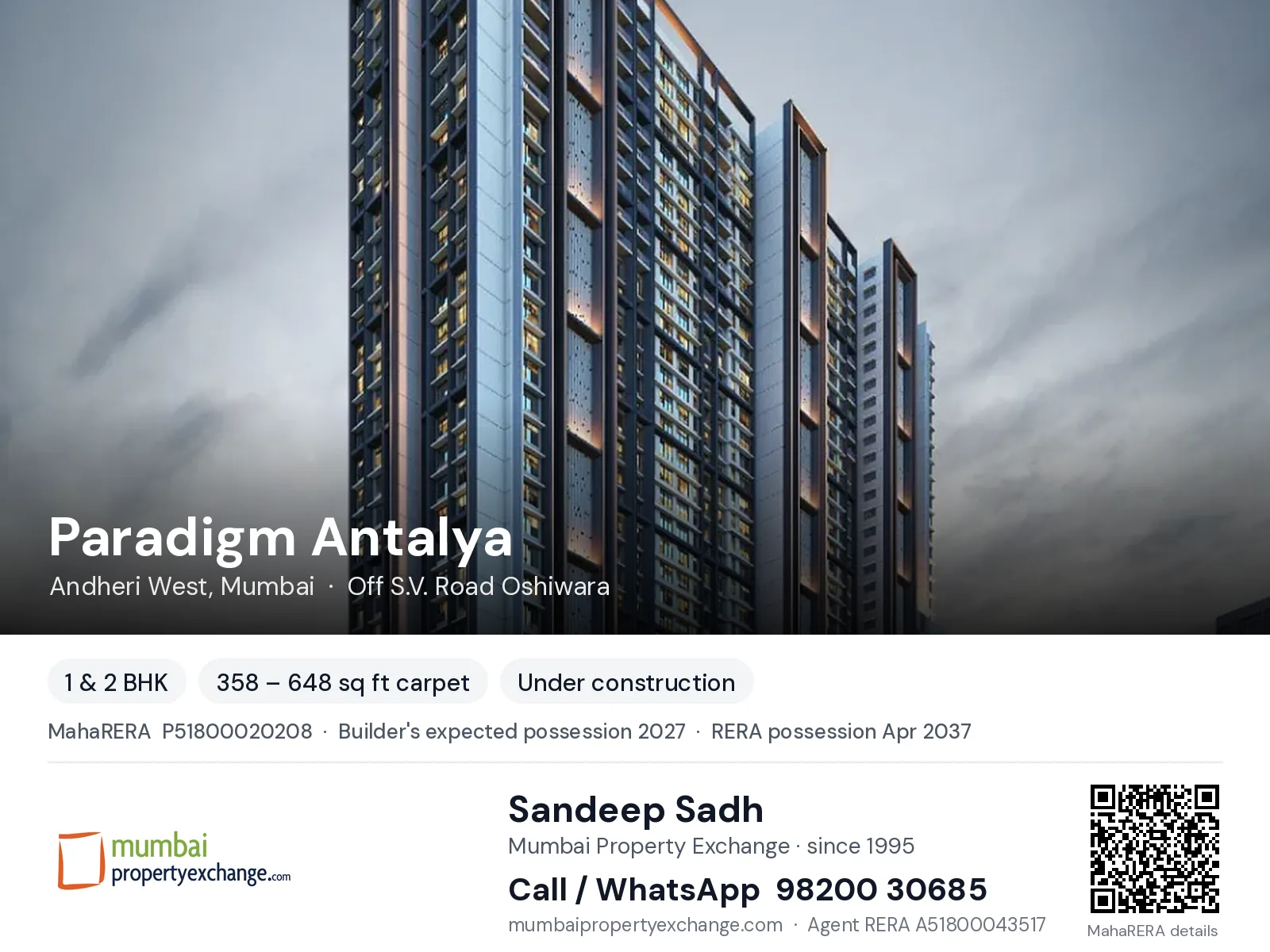 Paradigm Antalya, Andheri West, Mumbai — 1 & 2 BHK new project, builder's expected possession 2027, RERA possession Apr 2037 | Mumbai Property Exchange, Sandeep Sadh 98200 30685