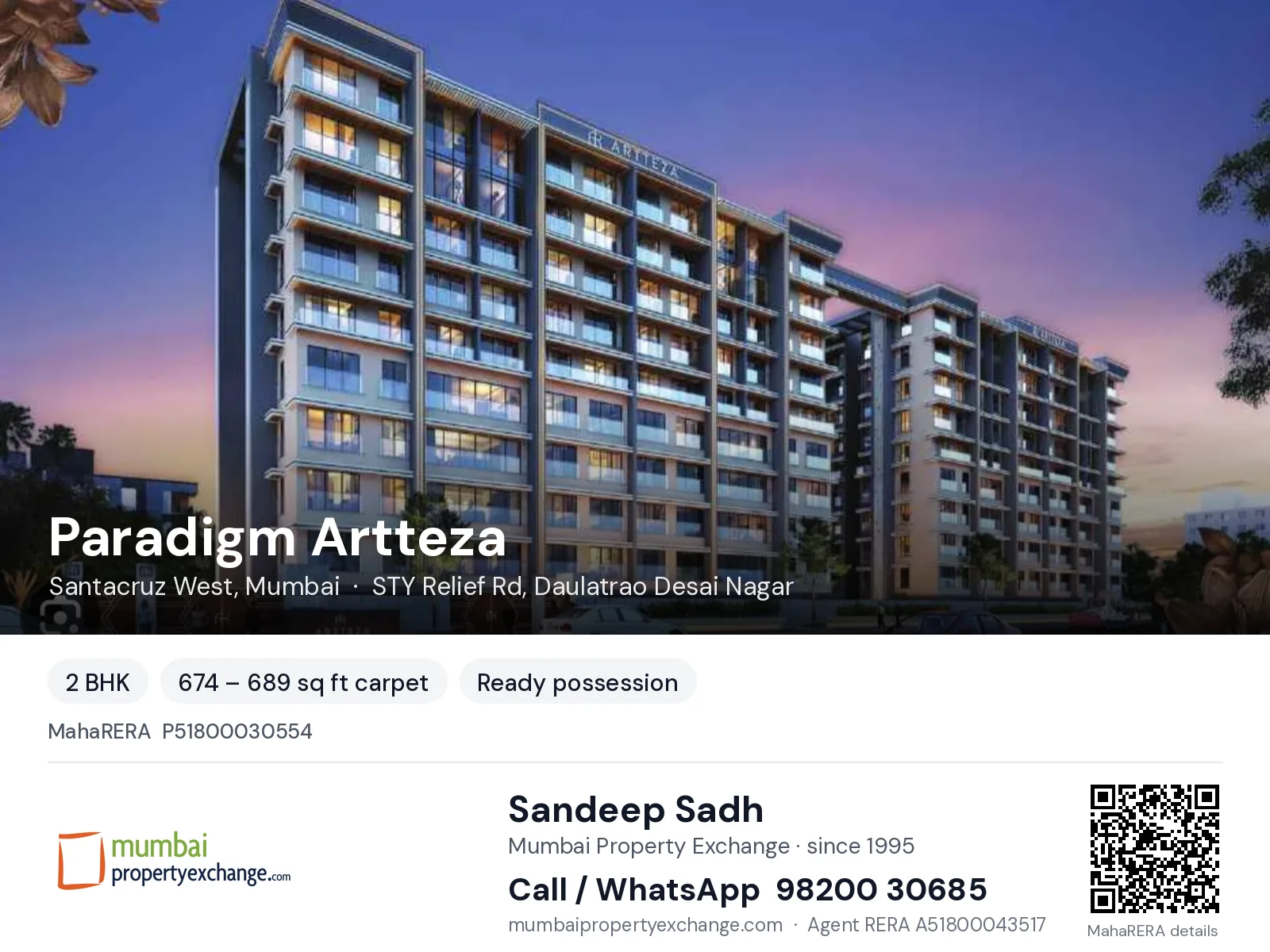 Paradigm Artteza, Santacruz West, Mumbai — 2 BHK ready-to-move project | Mumbai Property Exchange, Sandeep Sadh 98200 30685
