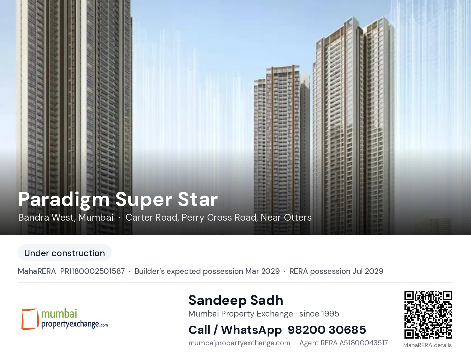 Paradigm Super Star, Bandra West, Mumbai — new project, builder's expected possession Mar 2029, RERA possession Jul 2029 | Mumbai Property Exchange, Sandeep Sadh 98200 30685