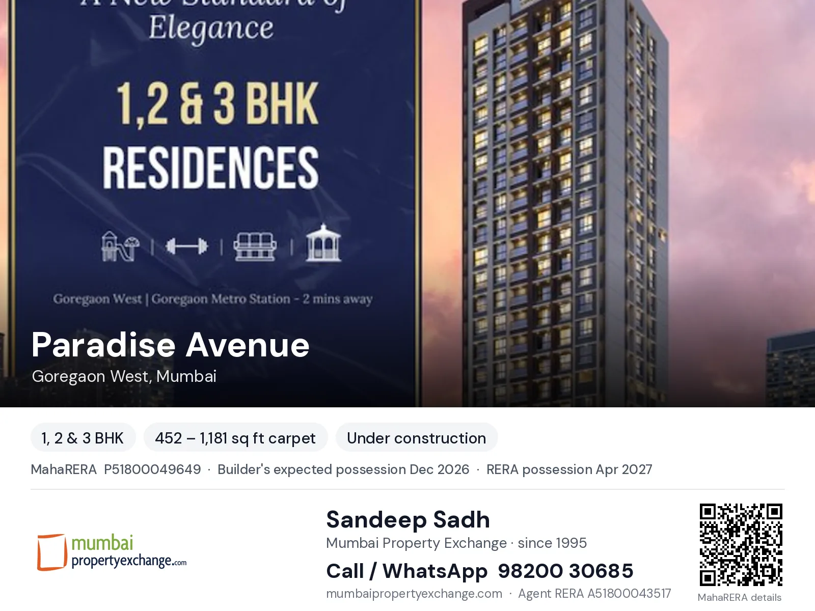Paradise Avenue by Infinity, Goregaon West, Mumbai — 1, 2 & 3 BHK new project, builder's expected possession Dec 2026, RERA possession Apr 2027 | Mumbai Property Exchange, Sandeep Sadh 98200 30685