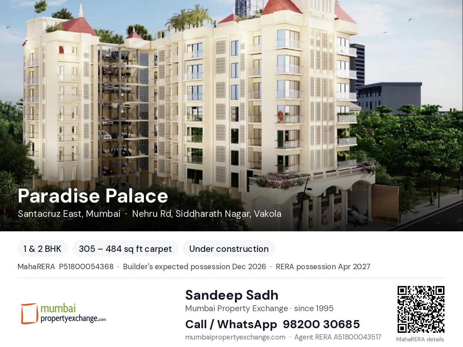 Paradise Palace by True Life Space, Santacruz East, Mumbai — 1 & 2 BHK new project, builder's expected possession Dec 2026, RERA possession Apr 2027 | Mumbai Property Exchange, Sandeep Sadh 98200 30685
